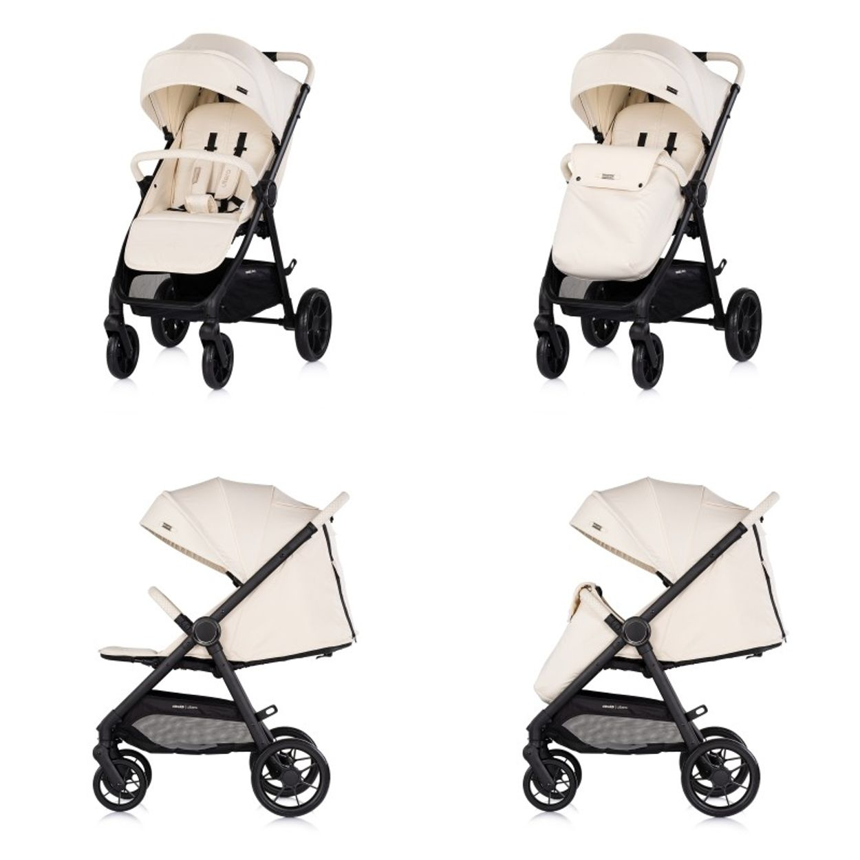 Vier Ansichten eines cremefarbenen Kinderwagens mit schwarzem Rahmen.