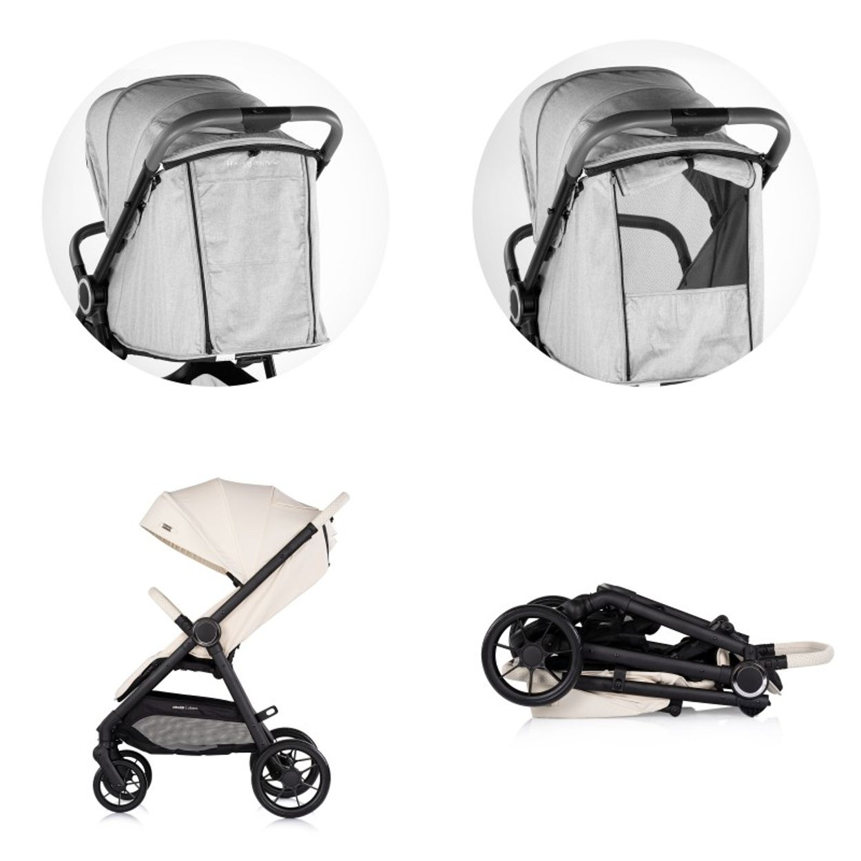 Ein heller Kinderwagen, ausgeklappt und zusammengeklappt, mit Details.