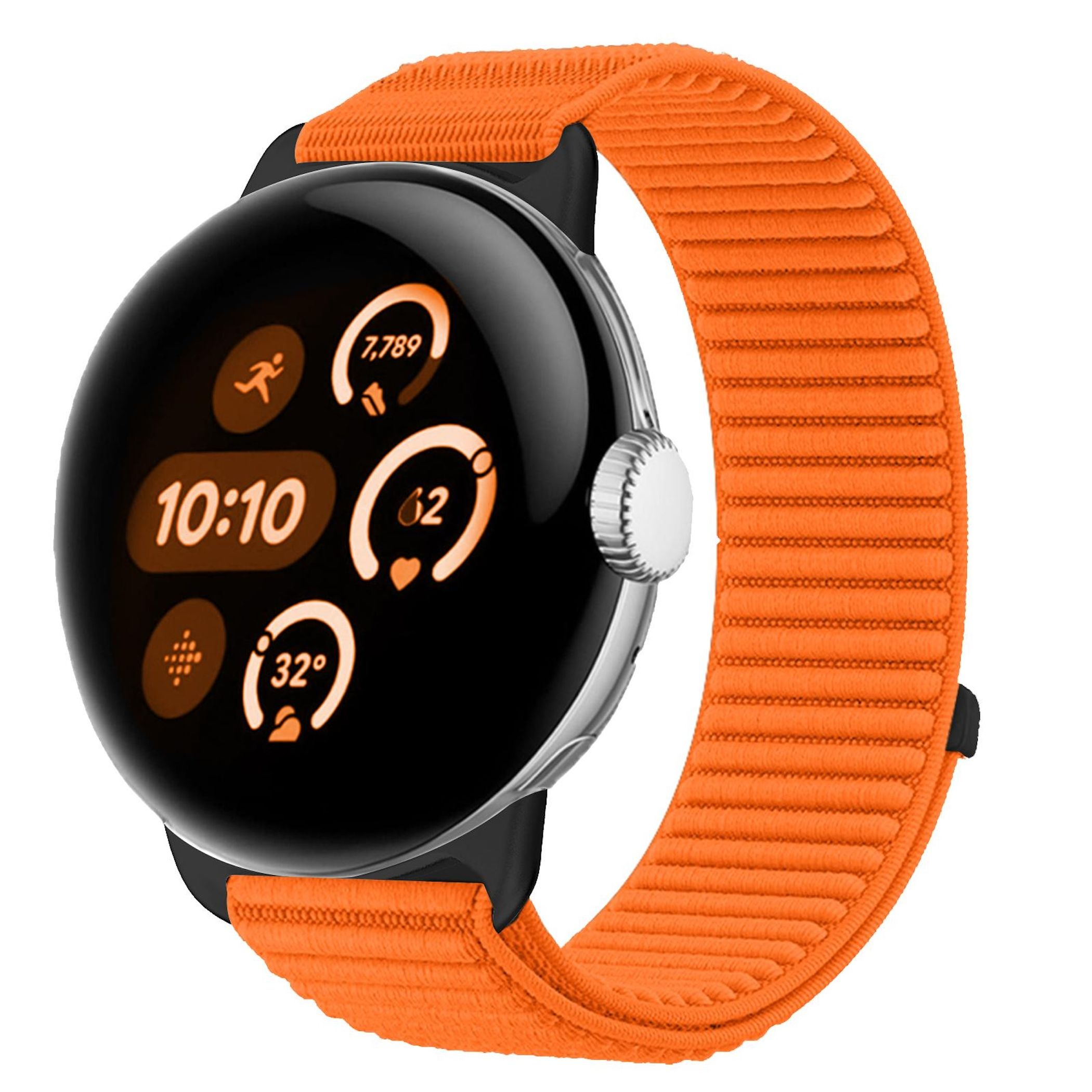 Eine orangefarbene Smartwatch mit schwarzem Display zeigt 10:10 Uhr, Schritte und 32 Grad an.
