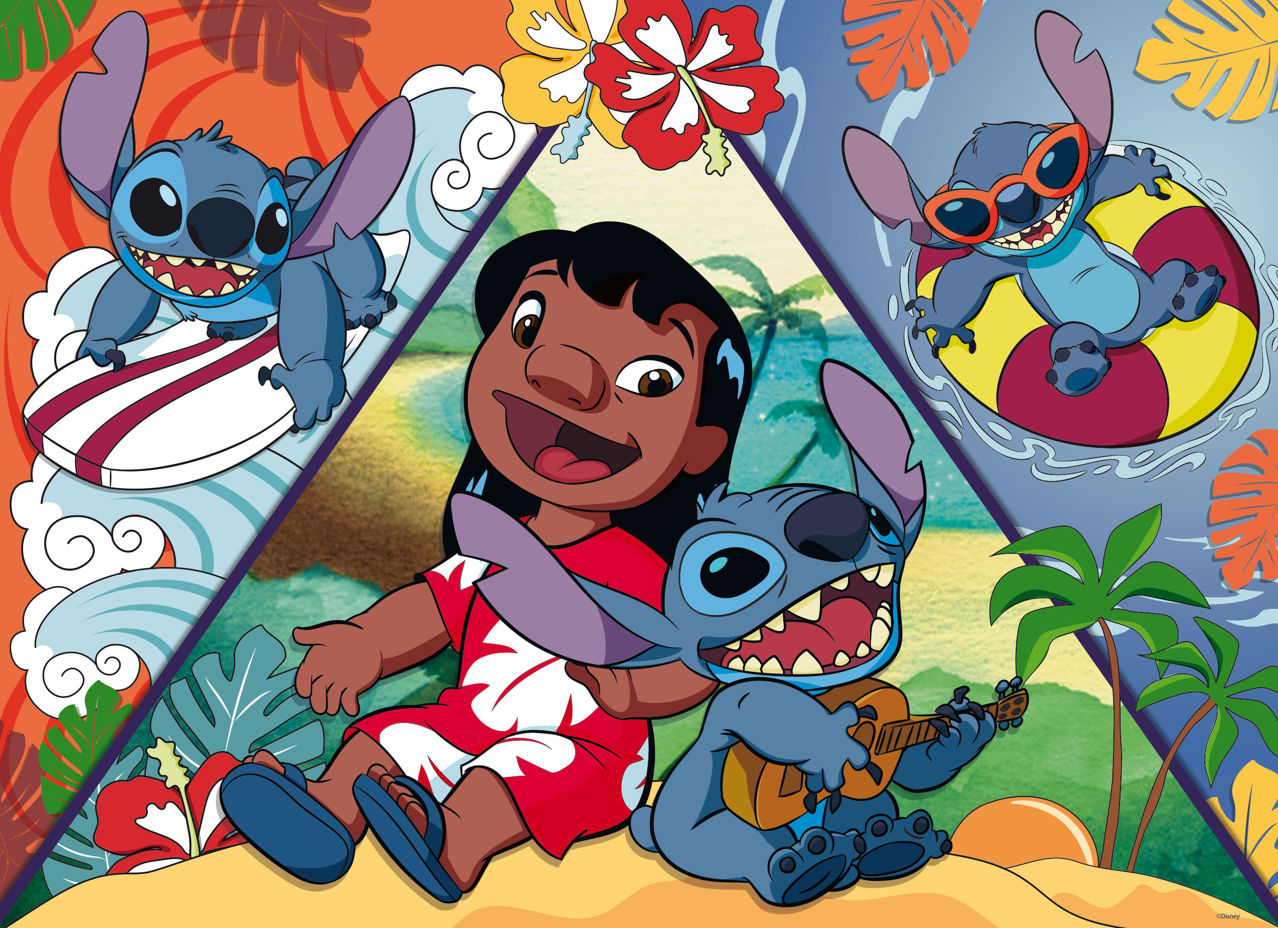 Lilo und Stitch genießen einen tropischen Tag am Strand mit Musik und Surfen.