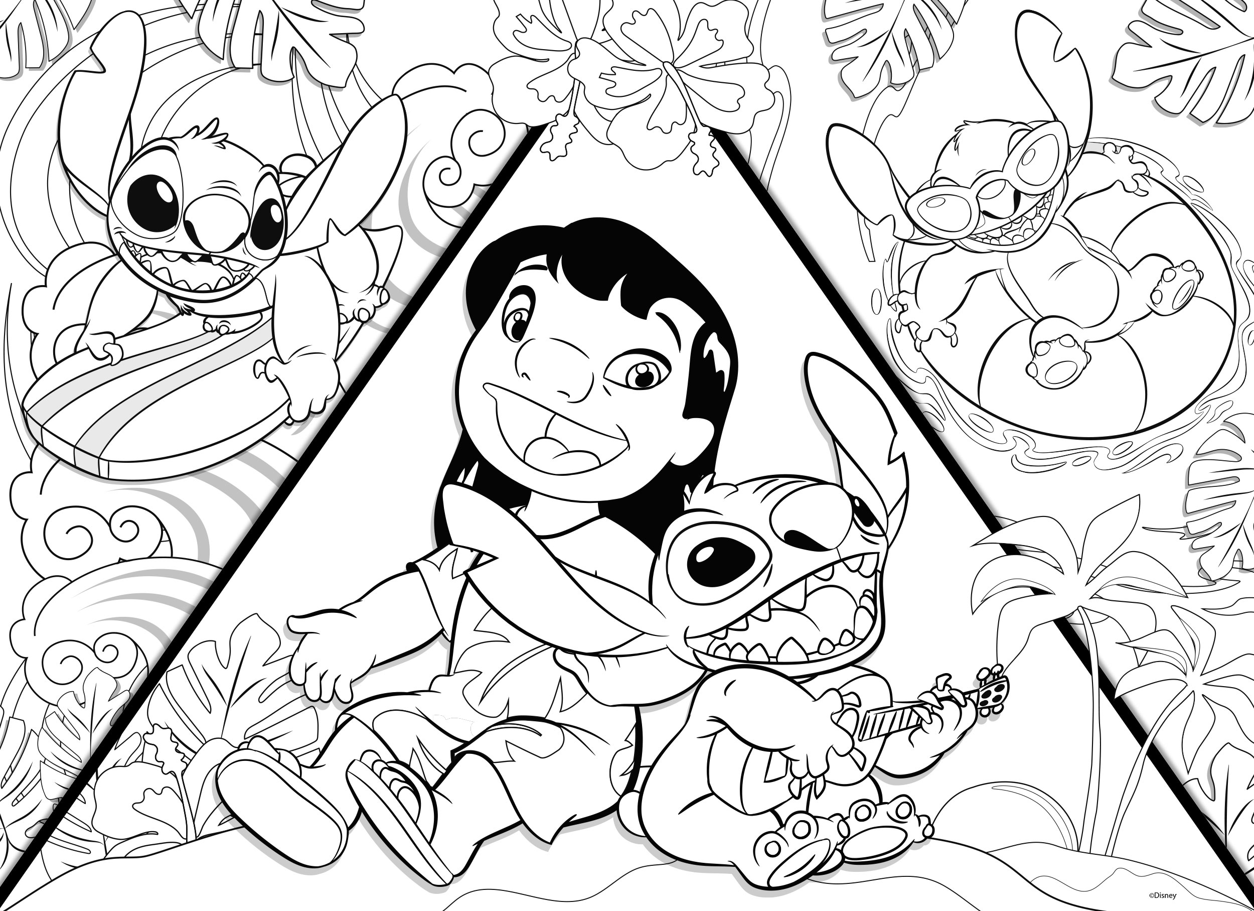 Lilo und Stitch umarmen sich, während Stitch Gitarre spielt. Andere Stitch-Figuren sind im Hintergrund.