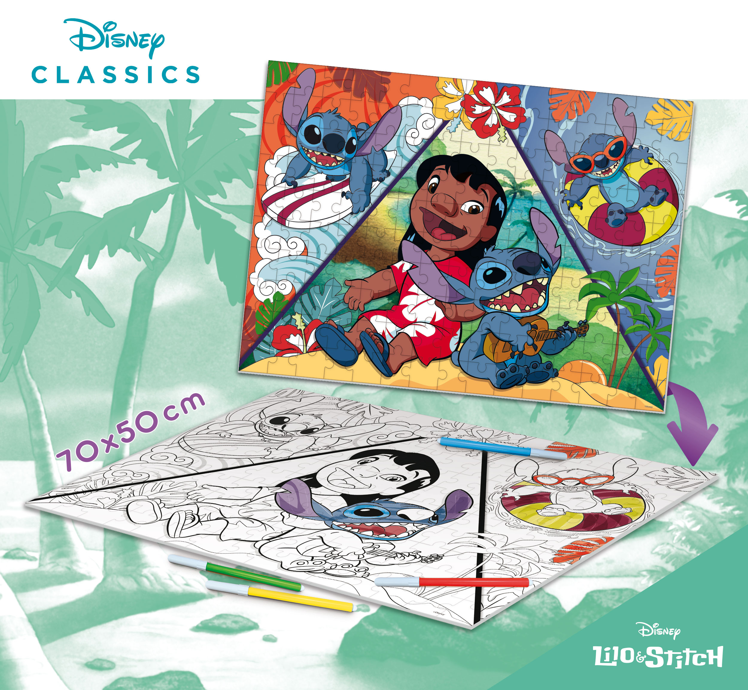 Lilo und Stitch auf einem Puzzle, mit Malstiften. Sommerliche Szenen.