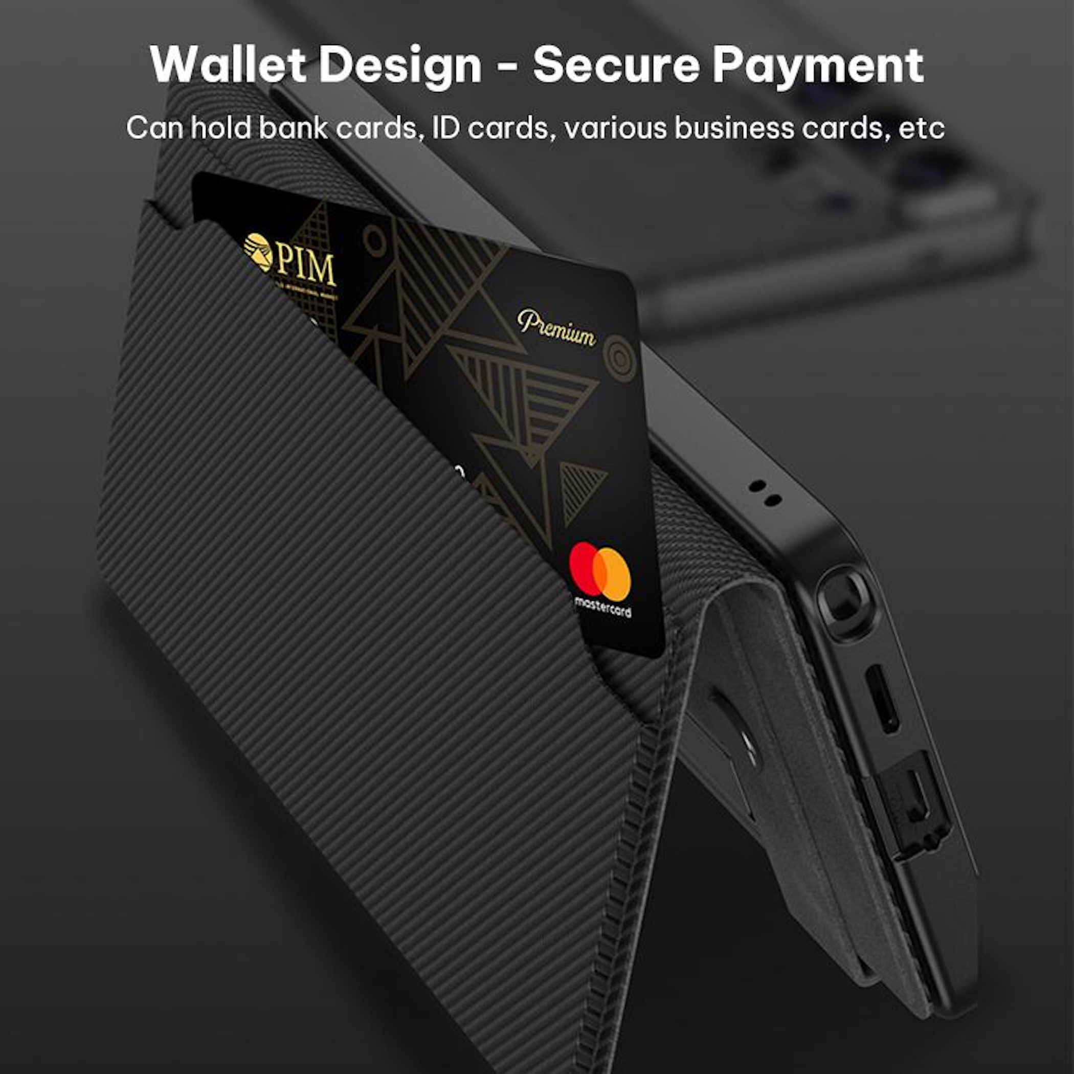 Schwarze Brieftaschenhülle mit eingesetzter Mastercard und PIM-Karte.