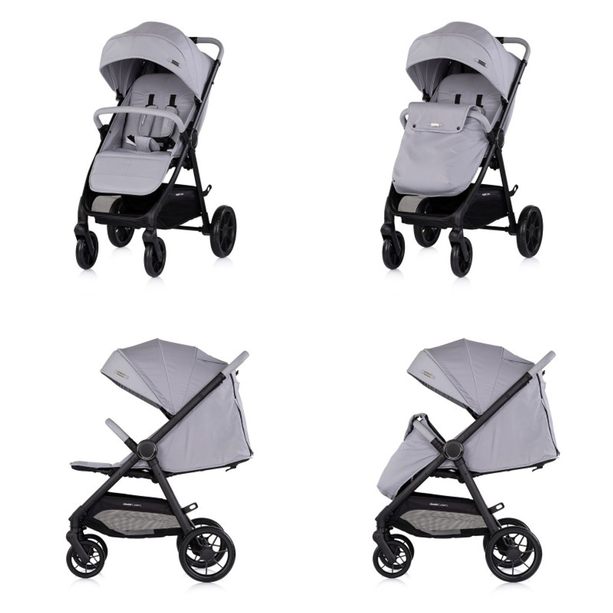 Vier graue Kinderwagen in verschiedenen Ansichten, weißer Hintergrund.