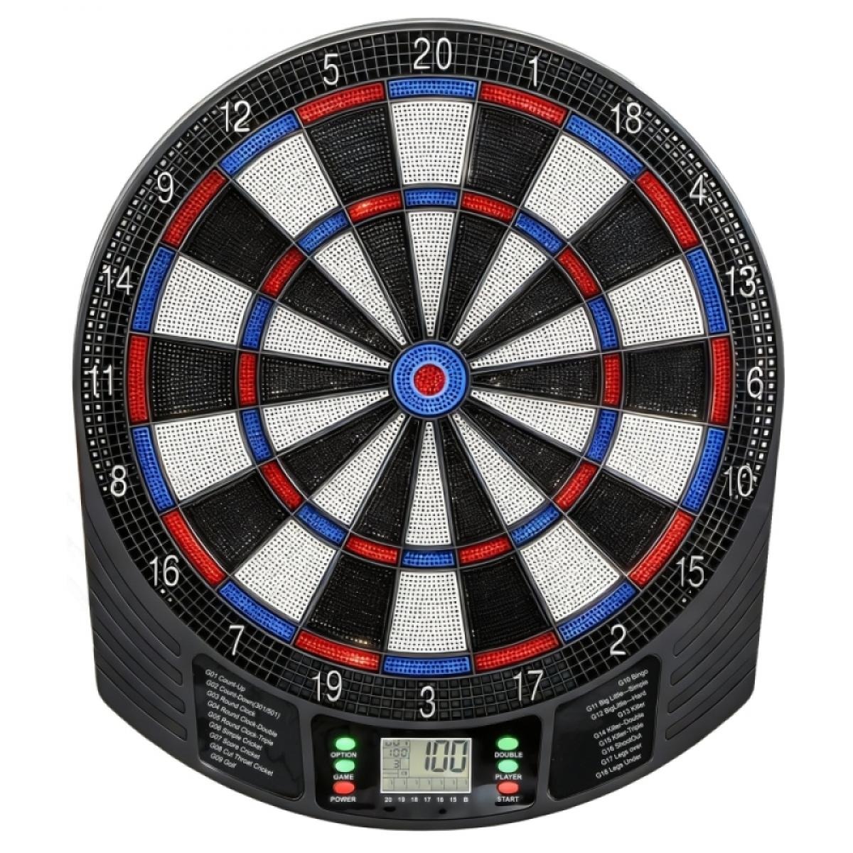Elektronische Dartscheibe mit Zahlen und Spielmodi.