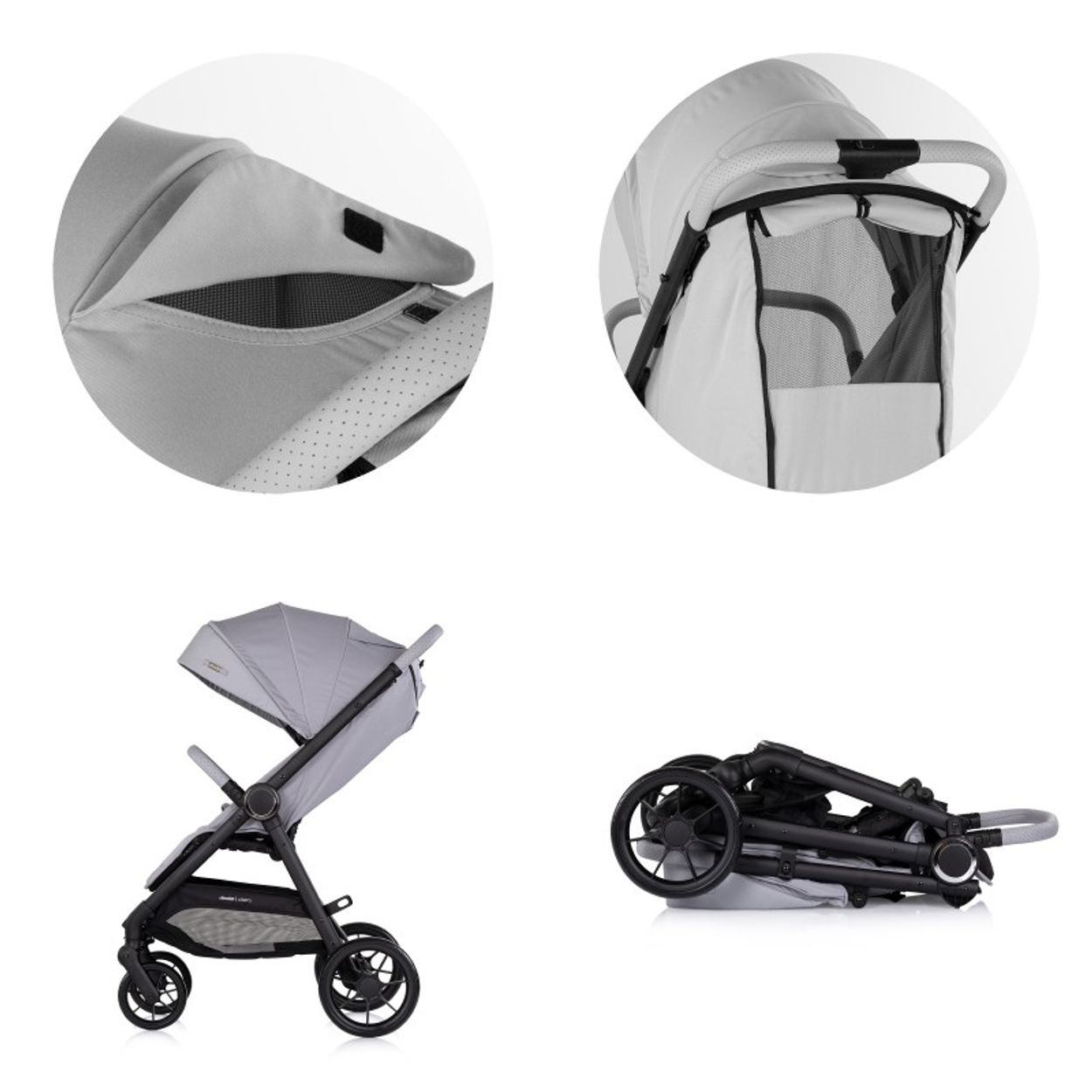 Ein grauer Kinderwagen in voller Größe und zusammengeklappt.