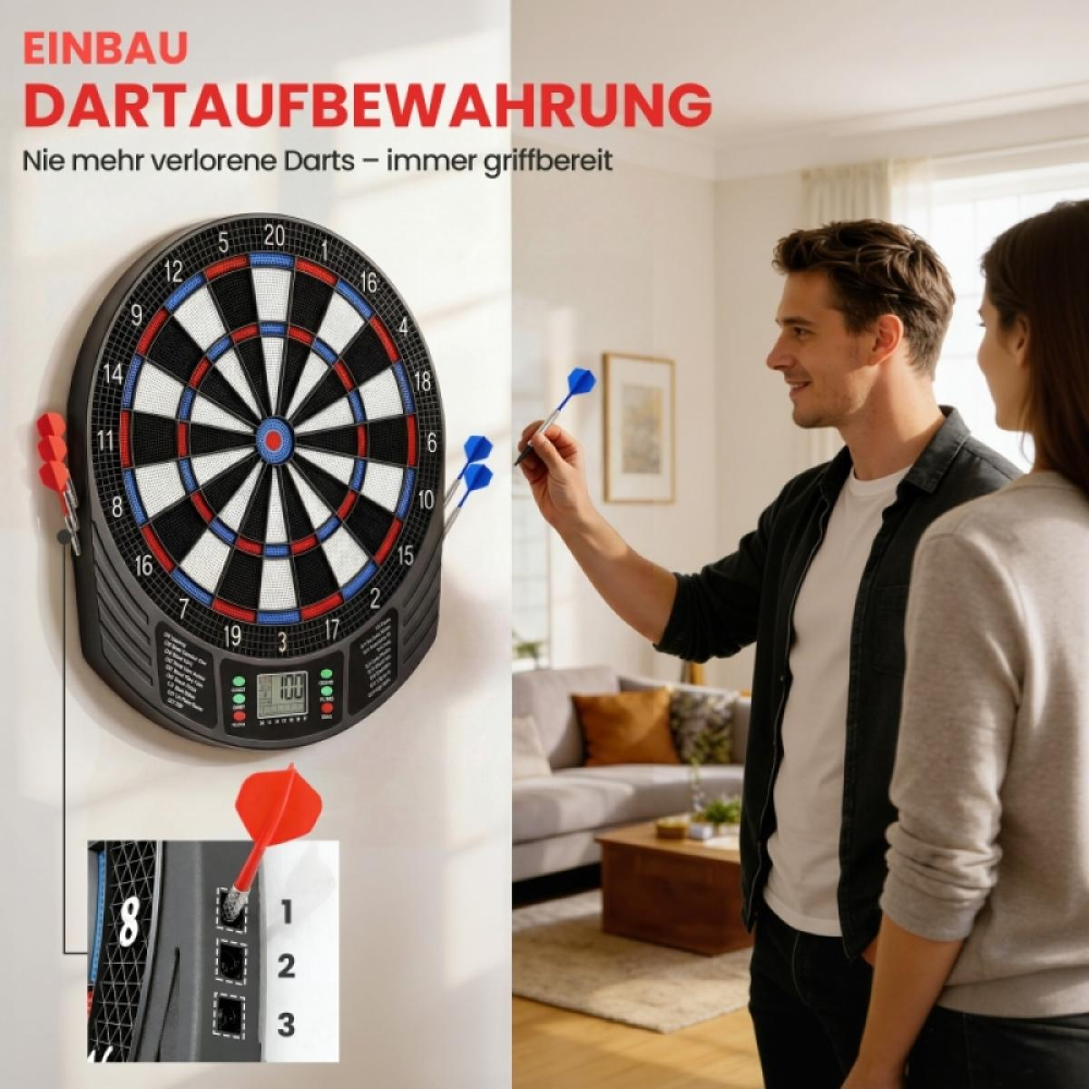 Ein Mann wirft Darts auf ein elektronisches Dartboard, eine Frau schaut zu.