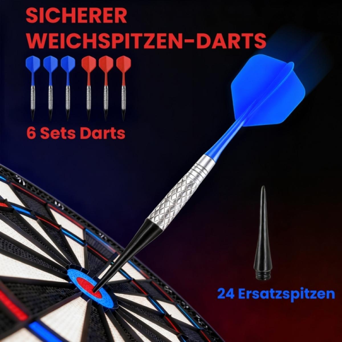 Ein blauer Dartpfeil steckt in einer Dartscheibe, 6 Dartsets und 24 Ersatzspitzen sind abgebildet.