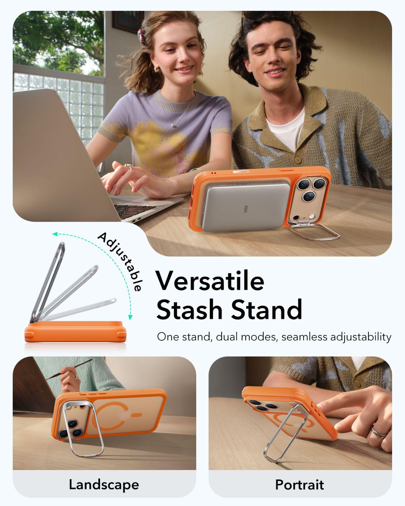 Ein junges Paar nutzt einen Laptop, daneben ein orangefarbenes Handy mit Ständer.