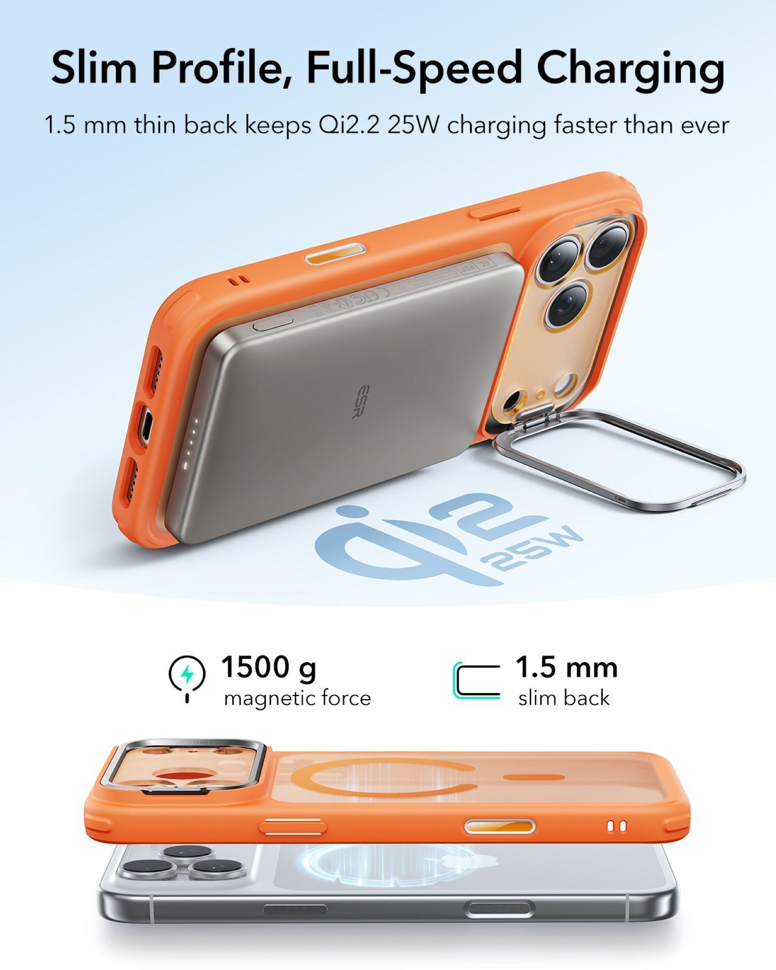 Orange Hülle mit silbernem Ladegerät auf iPhone. 1500g Magnetkraft.