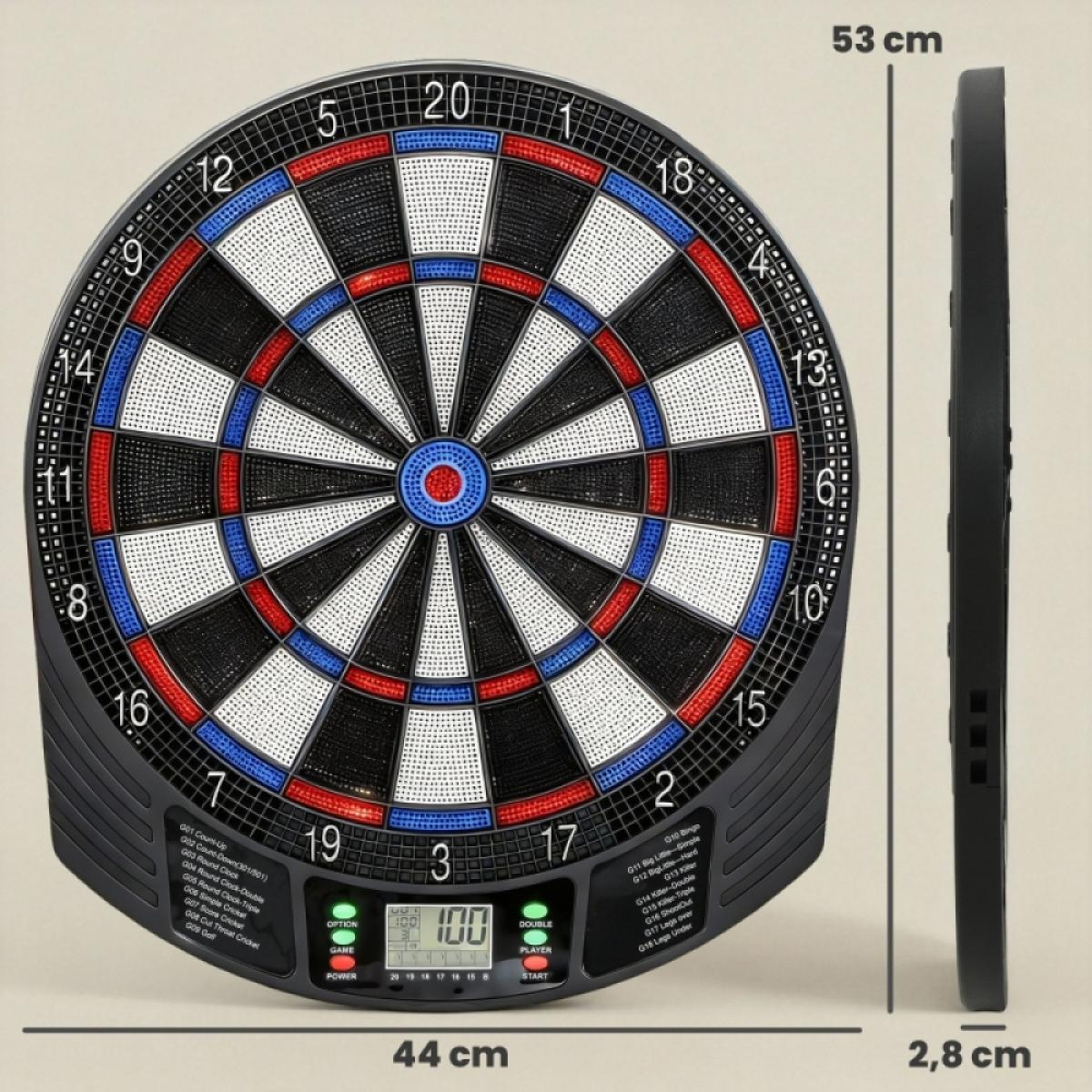Digitales Dartboard mit Punktanzeige und Spieloptionen. Maße: 44x53x2,8 cm.