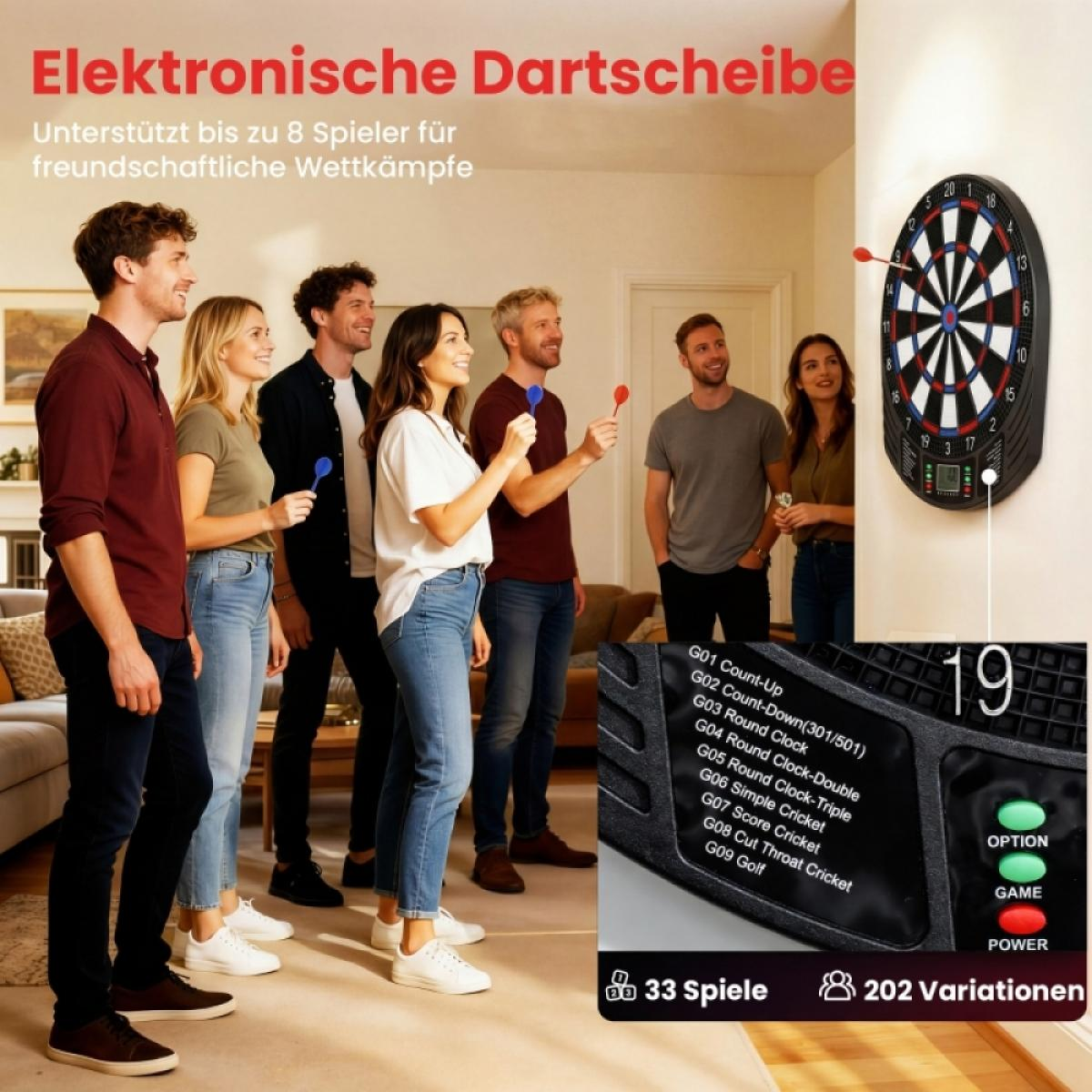Gruppe von Freunden spielt elektronisches Dart. Ein Dartboard hängt an der Wand.