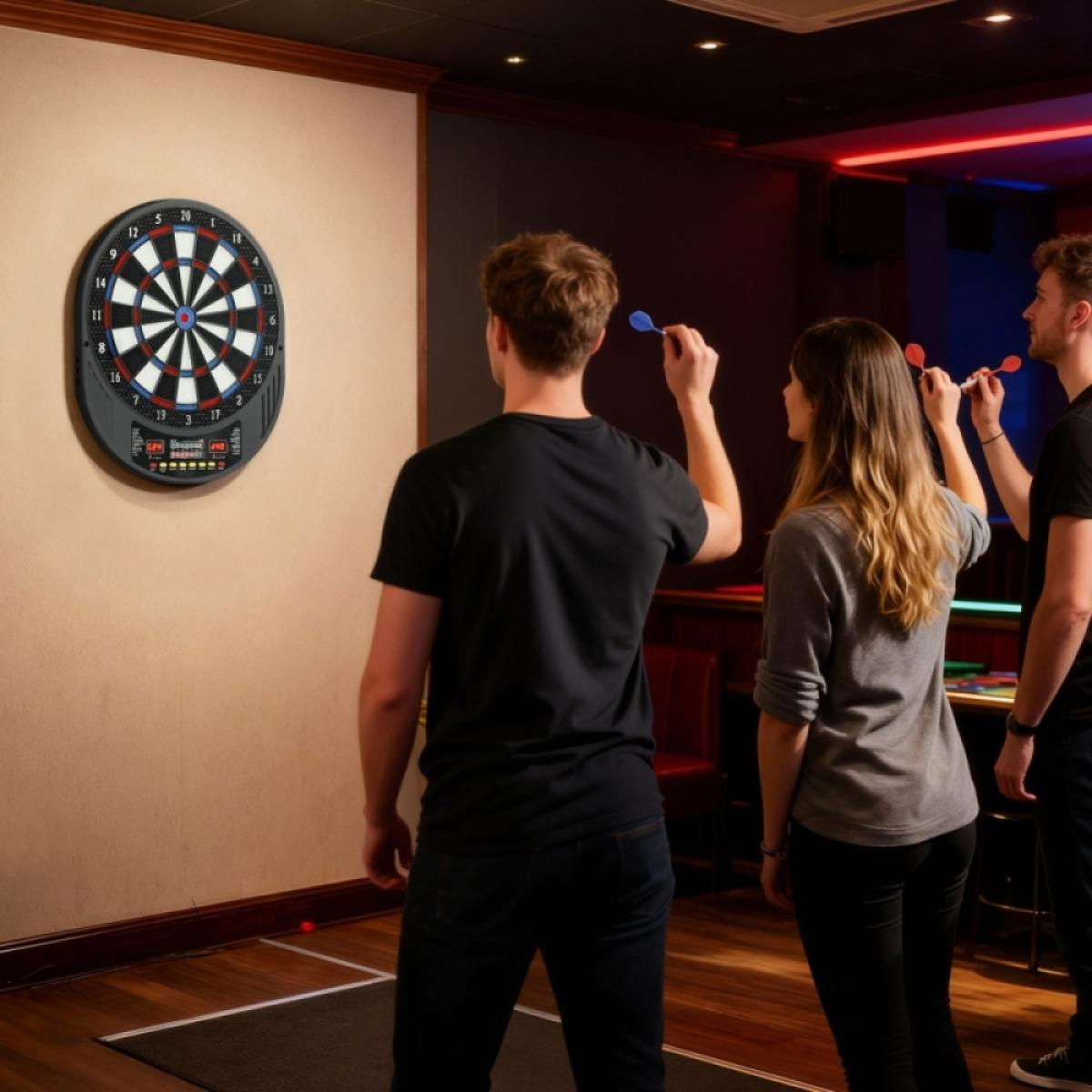 Drei Freunde spielen Darts in einem schwach beleuchteten Raum. Einer wirft einen blauen Dart.