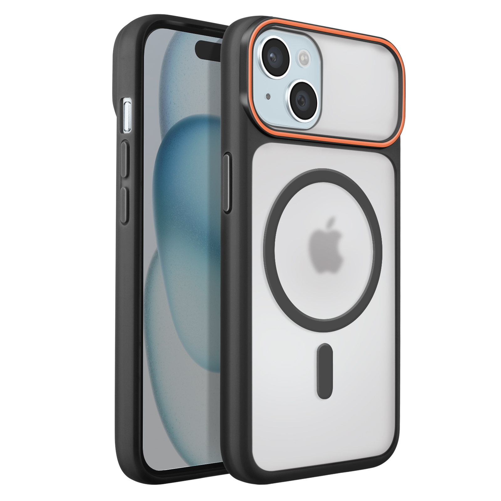 A black iPhone with a MagSafe case and an orange border.
