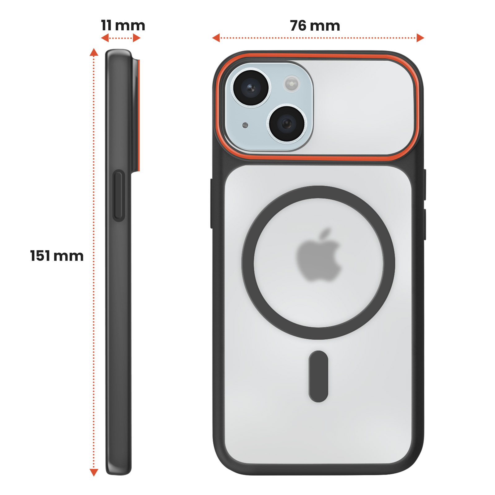 Black phone case with orange trim. Dimensions: 151x76x11mm.