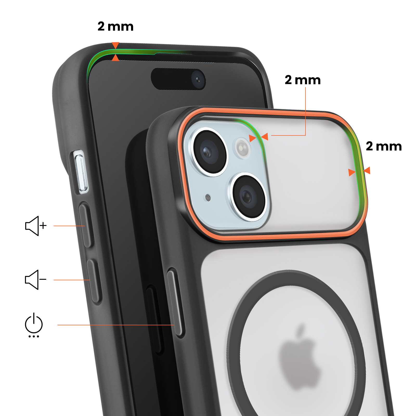 Black phone case with orange trim, 2mm raised edge, iPhone camera.