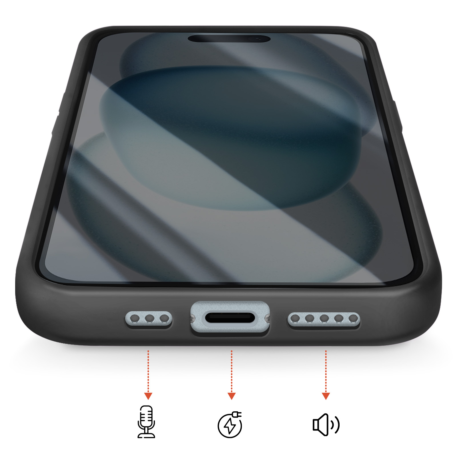 Close-up of a black iPhone case bottom with ports and icons: mic, charging, speaker.
