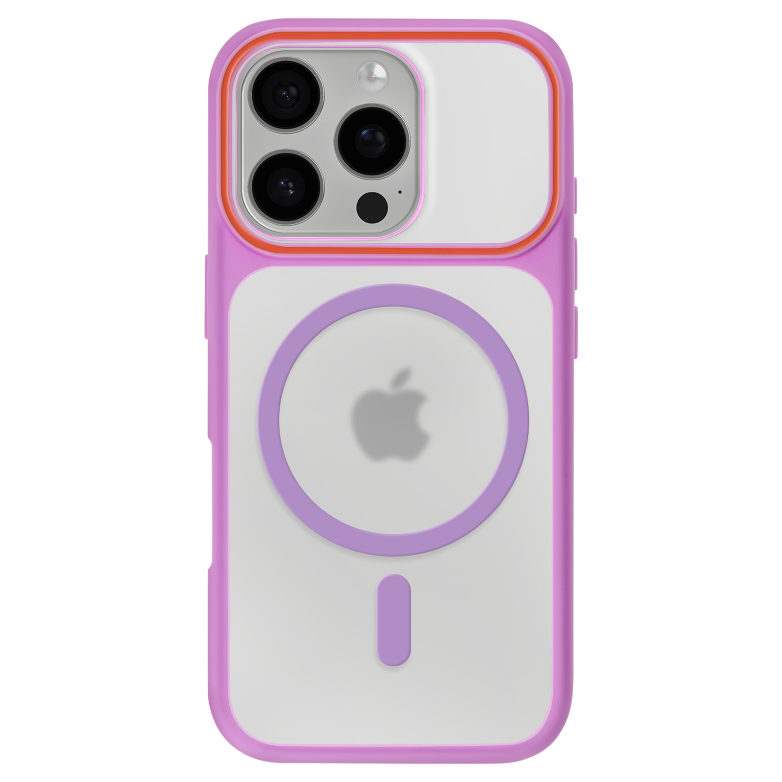Paarse iPhone hoes met doorzichtige achterkant en Apple logo.