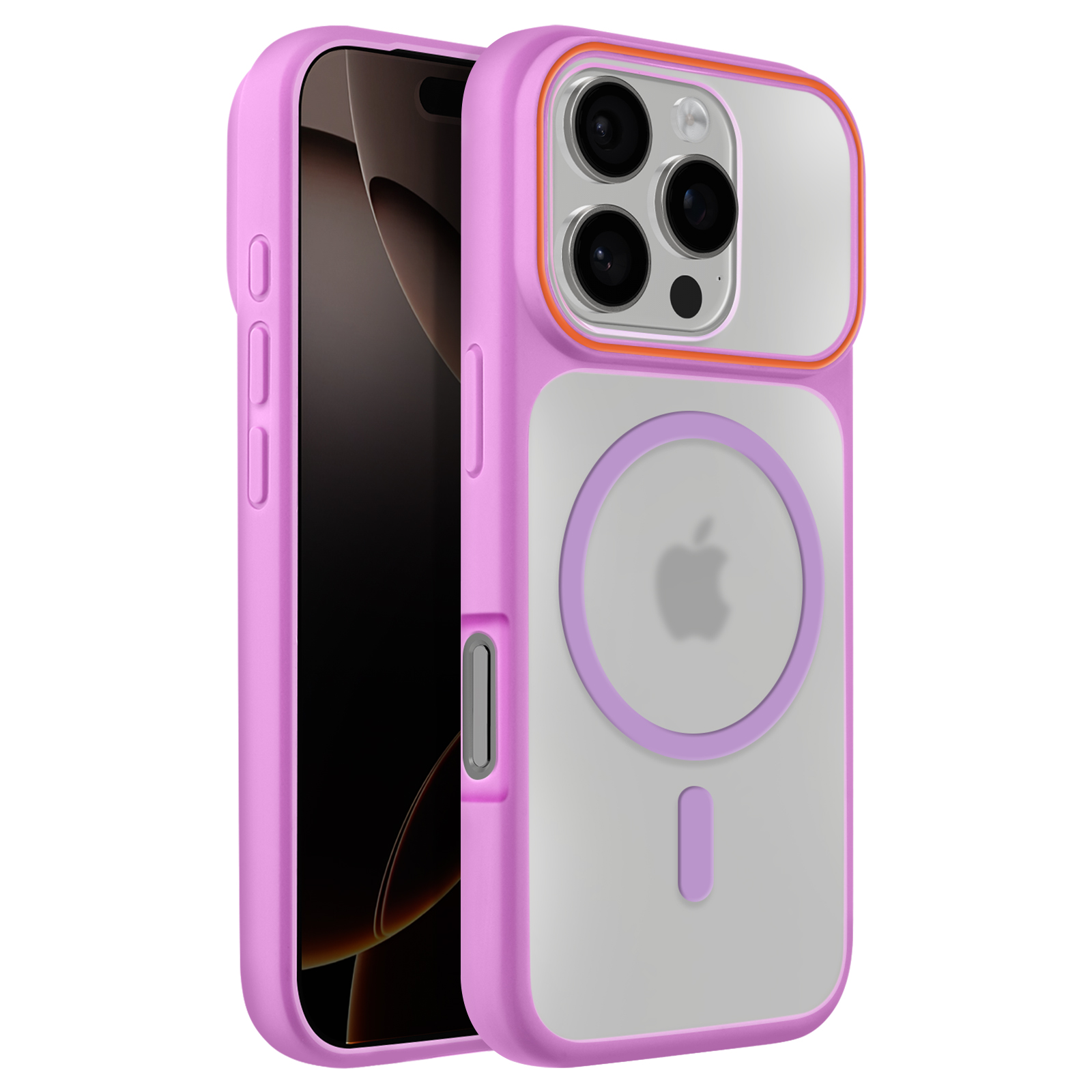 Paarse telefoonhoes met doorzichtige achterkant, camerauitsparing en Apple-logo.