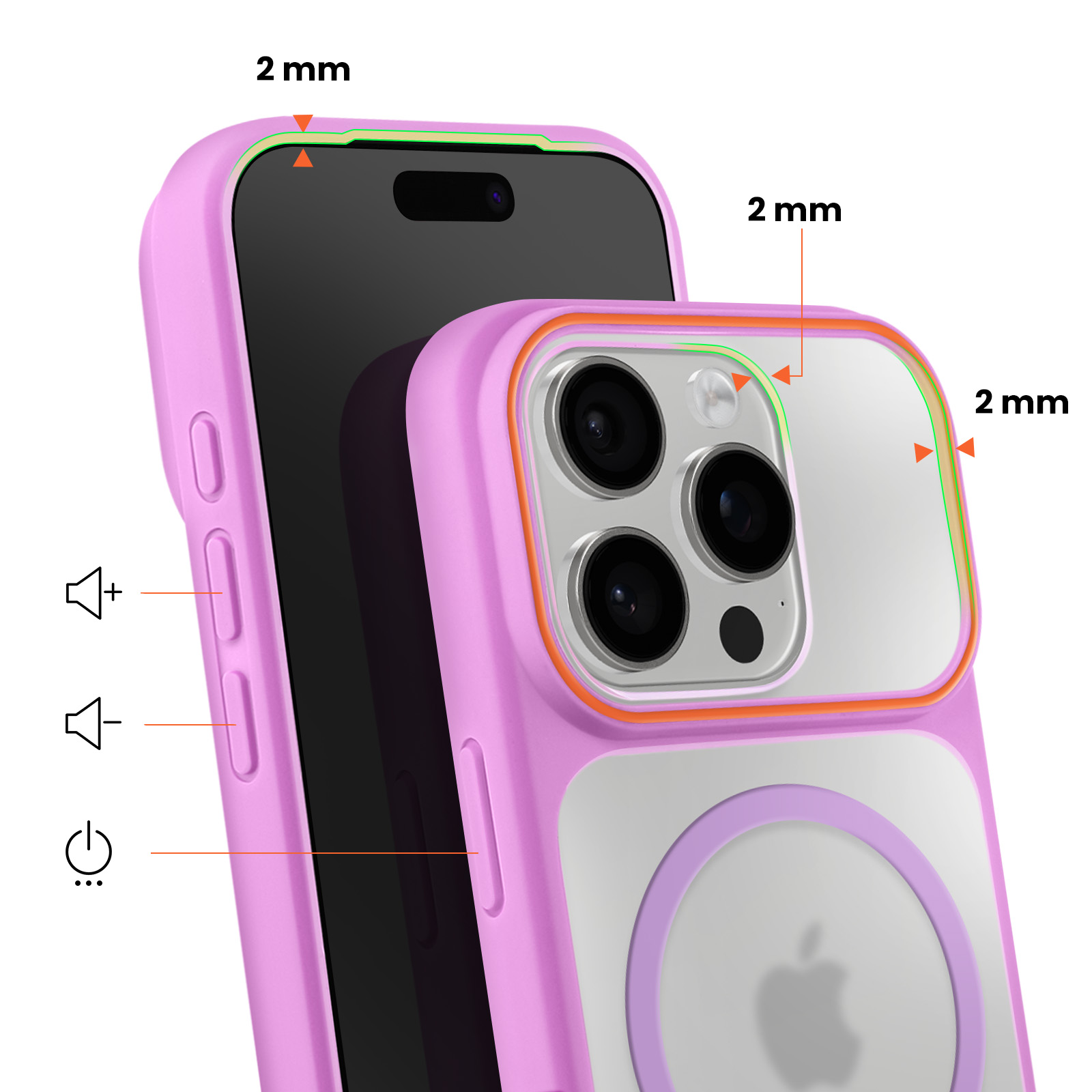 Paarse iPhone hoes met beschermende rand om camera en scherm. 2mm dik.