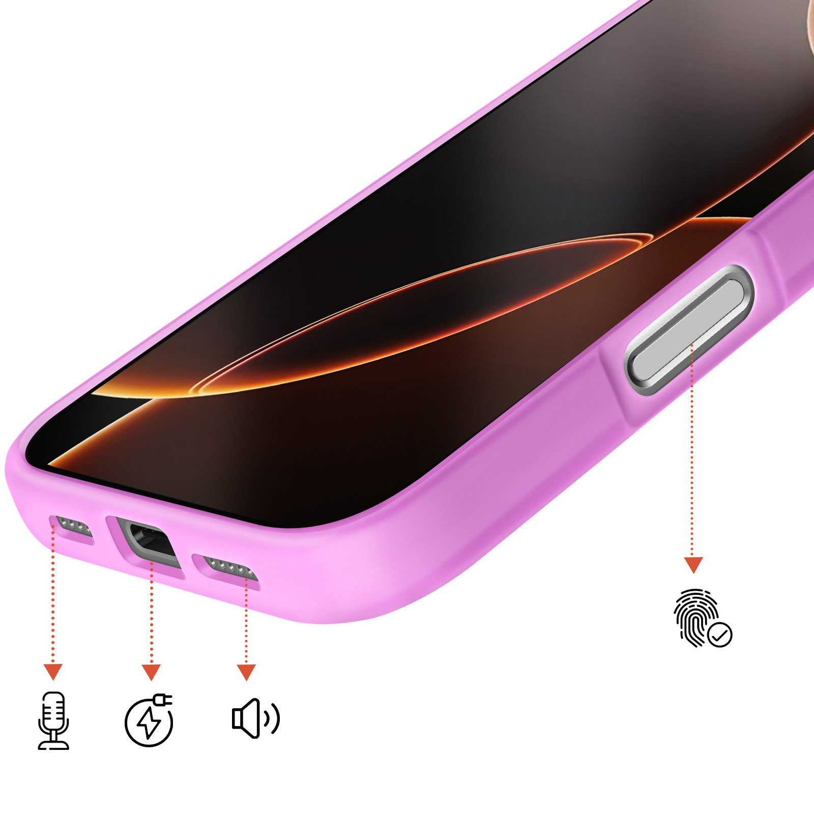Paarse telefoonhoes toont microfoon-, oplaad-, luidspreker- en vingerafdruksymbolen.