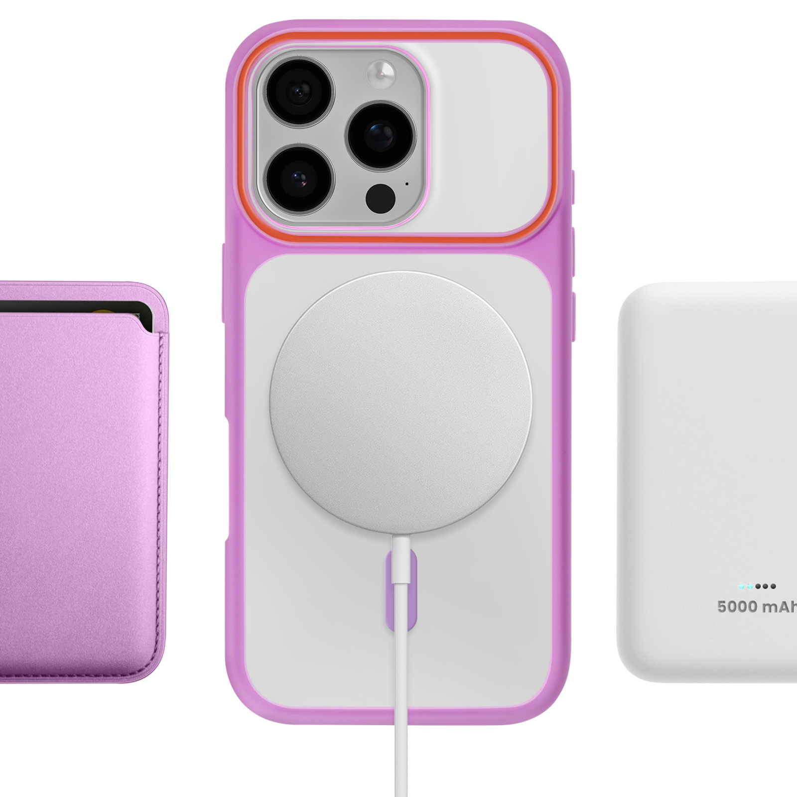 Paarse telefoonhoes met camera's, MagSafe-oplader en witte powerbank.