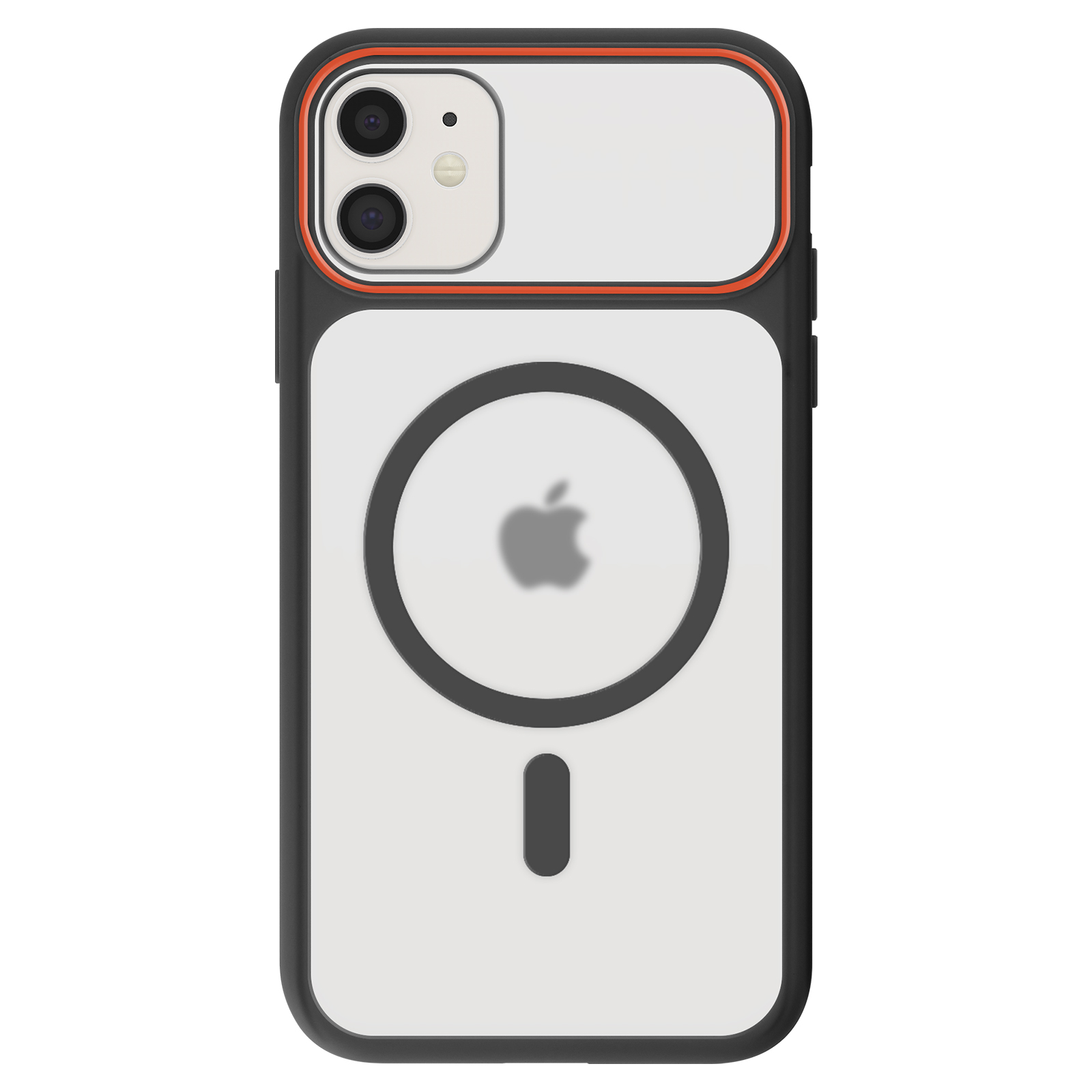 Custodia nera per iPhone con finiture arancioni, con fotocamere e logo Apple.