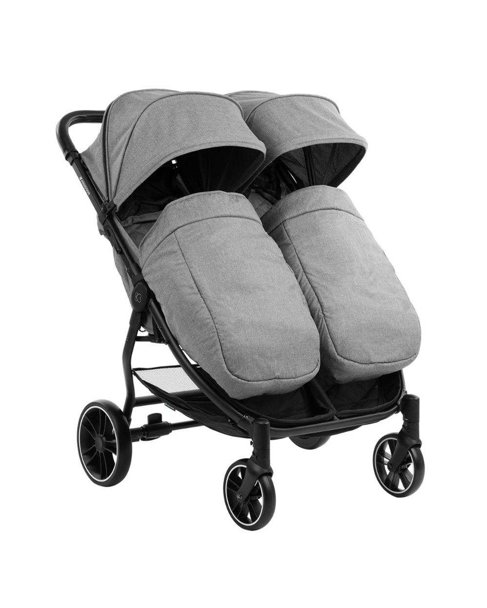 Grauer Zwillingskinderwagen mit zwei Sitzen und Verdeck, schwarzes Gestell und Räder.