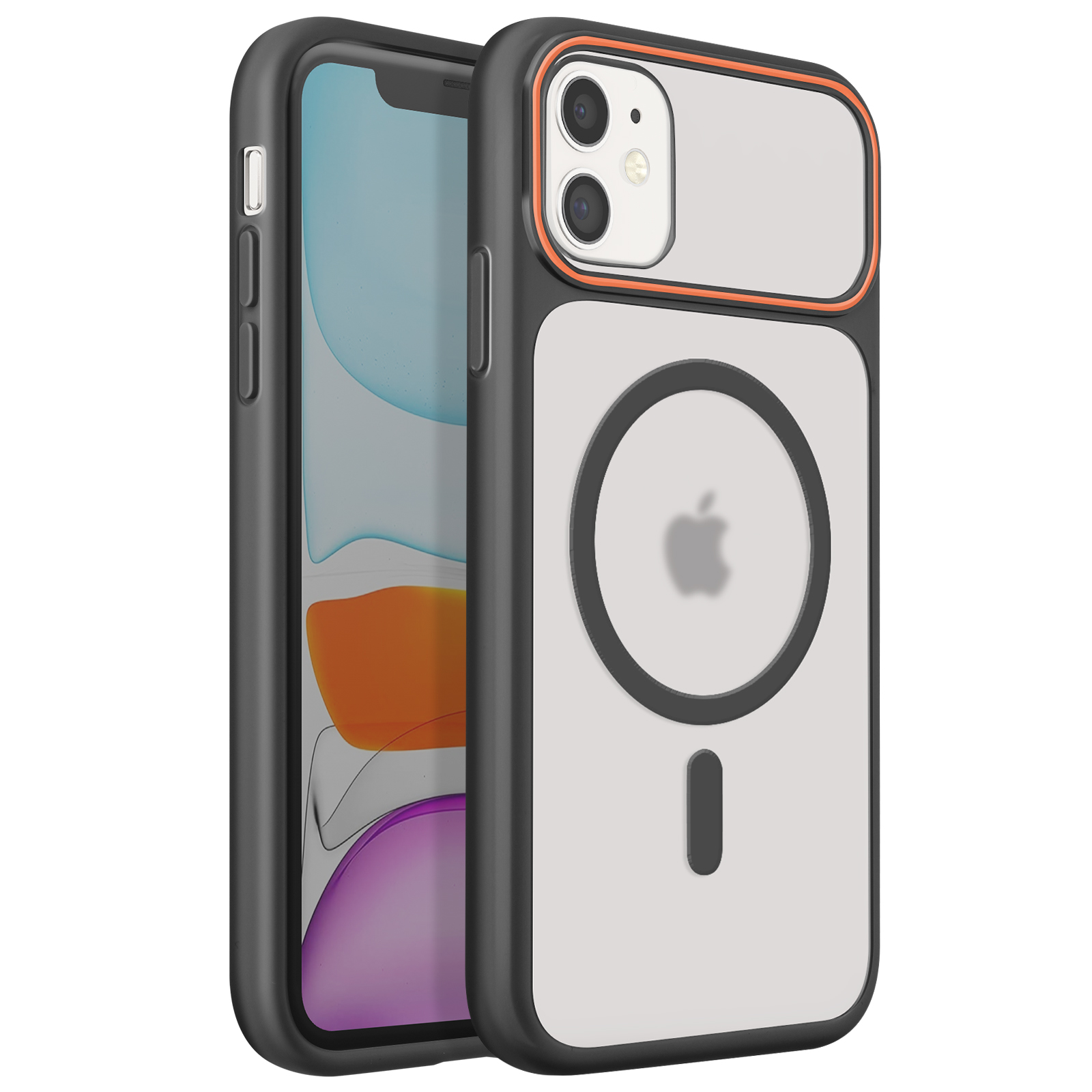 Una custodia nera per iPhone con finitura arancione, che mostra un iPhone.