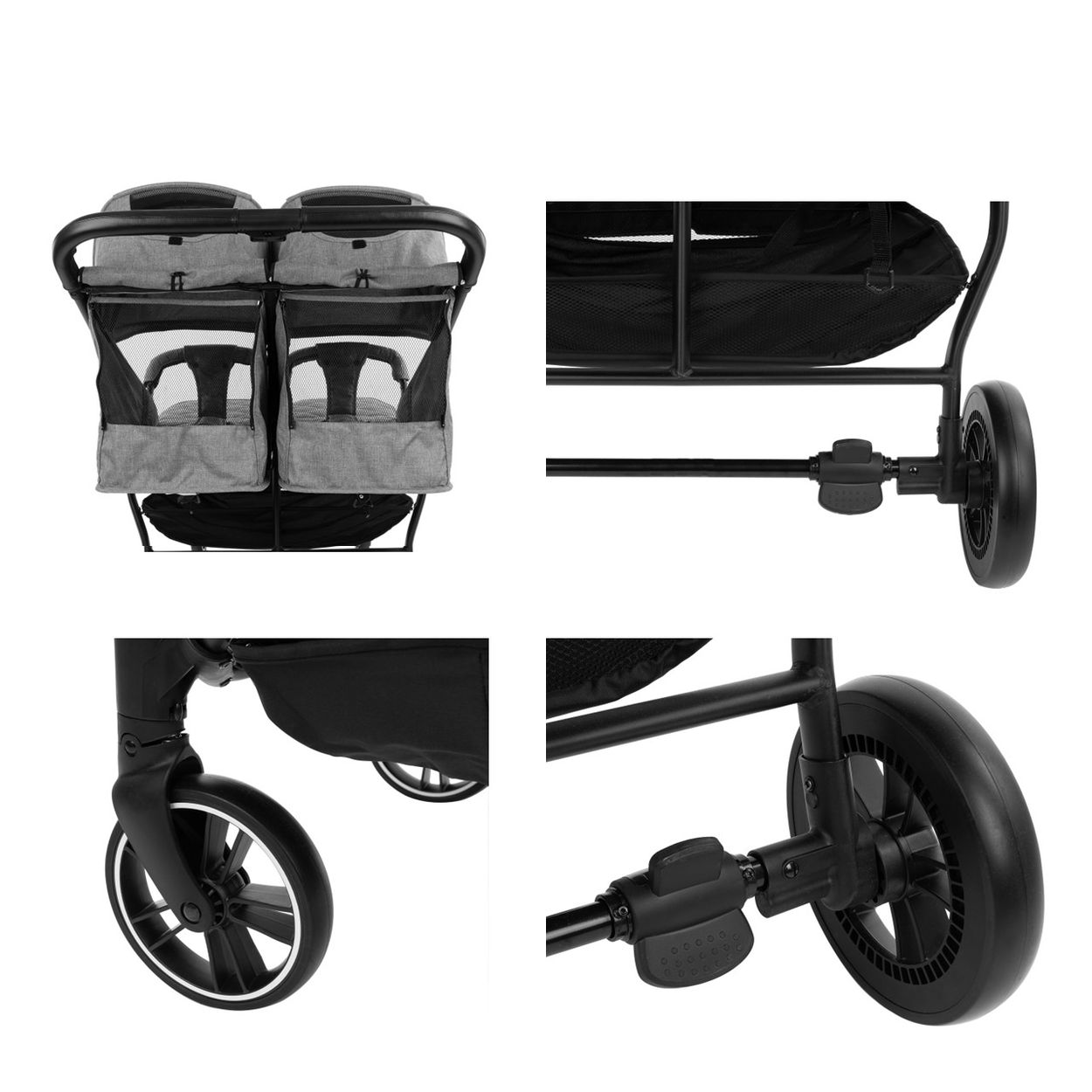 Grauer Zwillingskinderwagen mit schwarzen Rädern und Details.