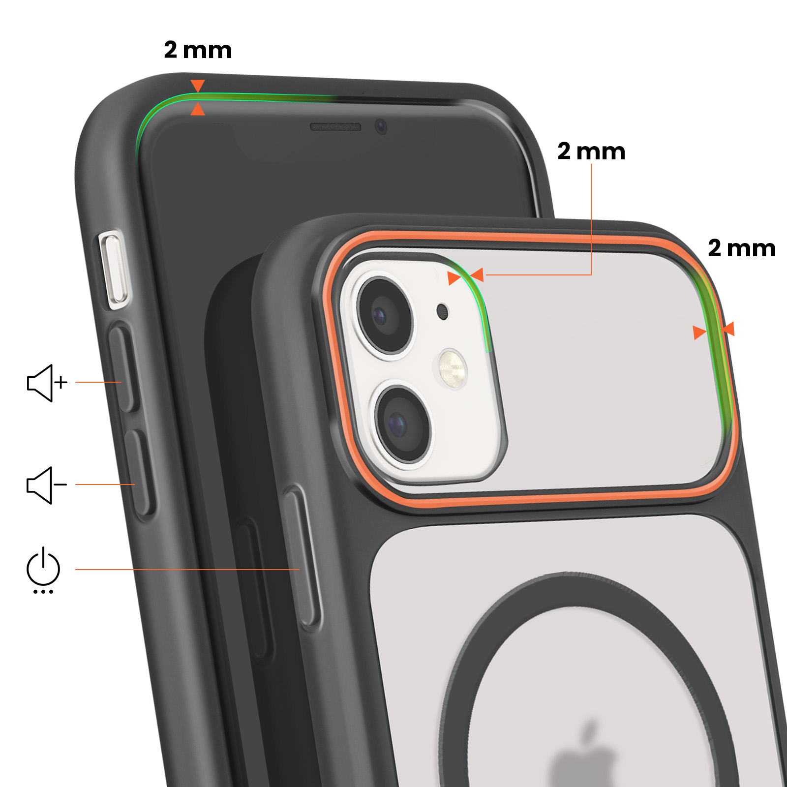 Un iPhone nero con una custodia trasparente che evidenzia i bordi.