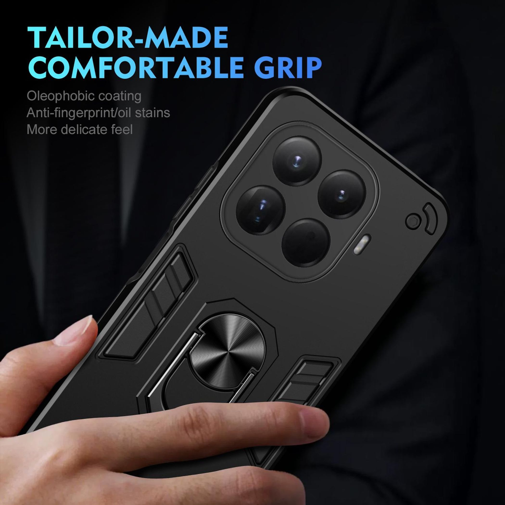 Funda negra para teléfono con soporte de anillo y cuatro cámaras.