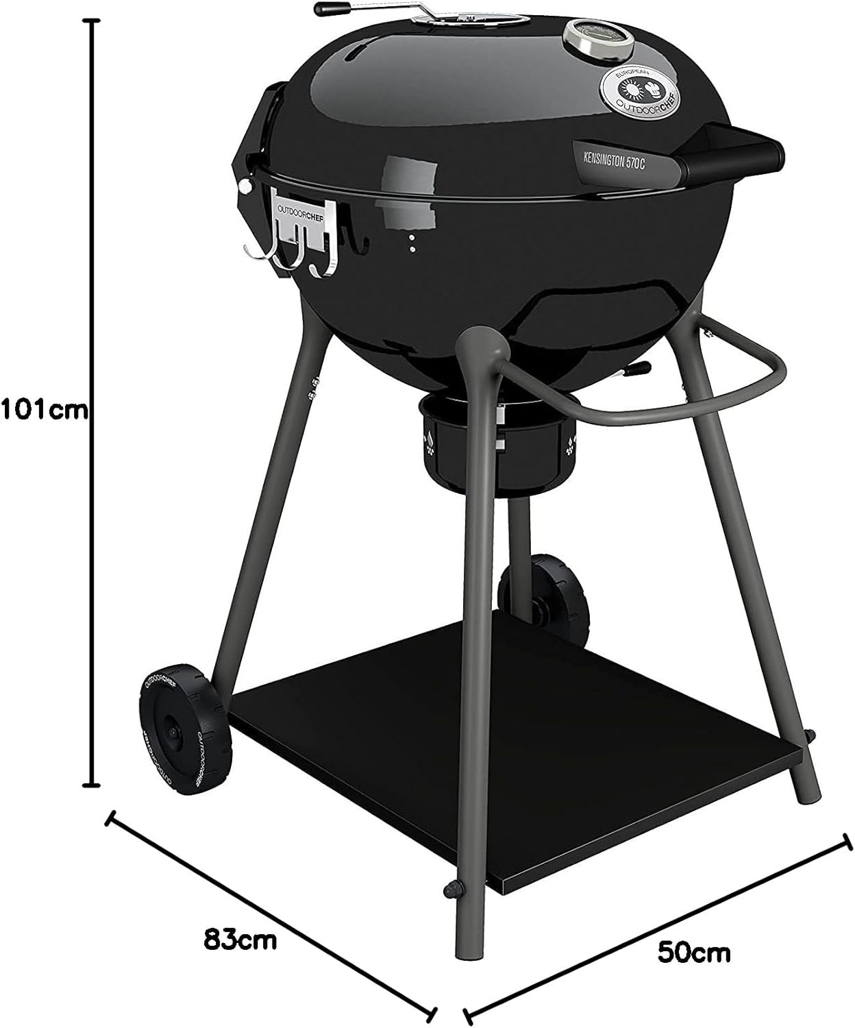Schwarzer Kugelgrill mit Rädern, Ablage und Messung 101x83x50cm.