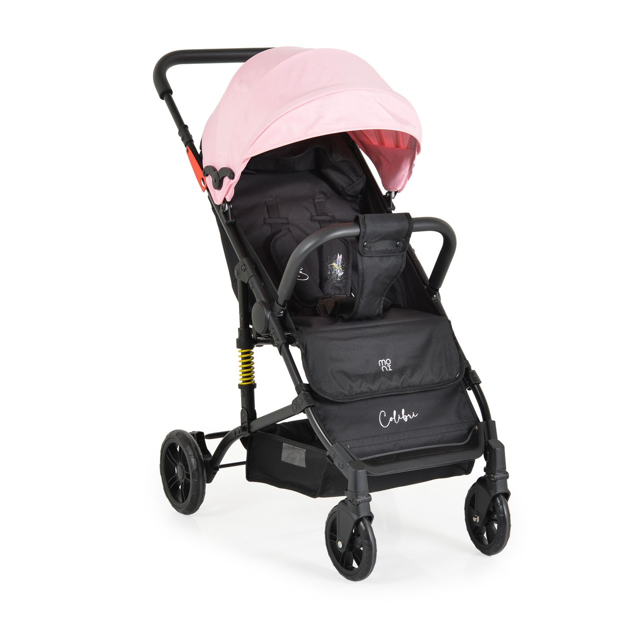Ein schwarzer Kinderwagen mit rosa Verdeck steht auf weißem Hintergrund.