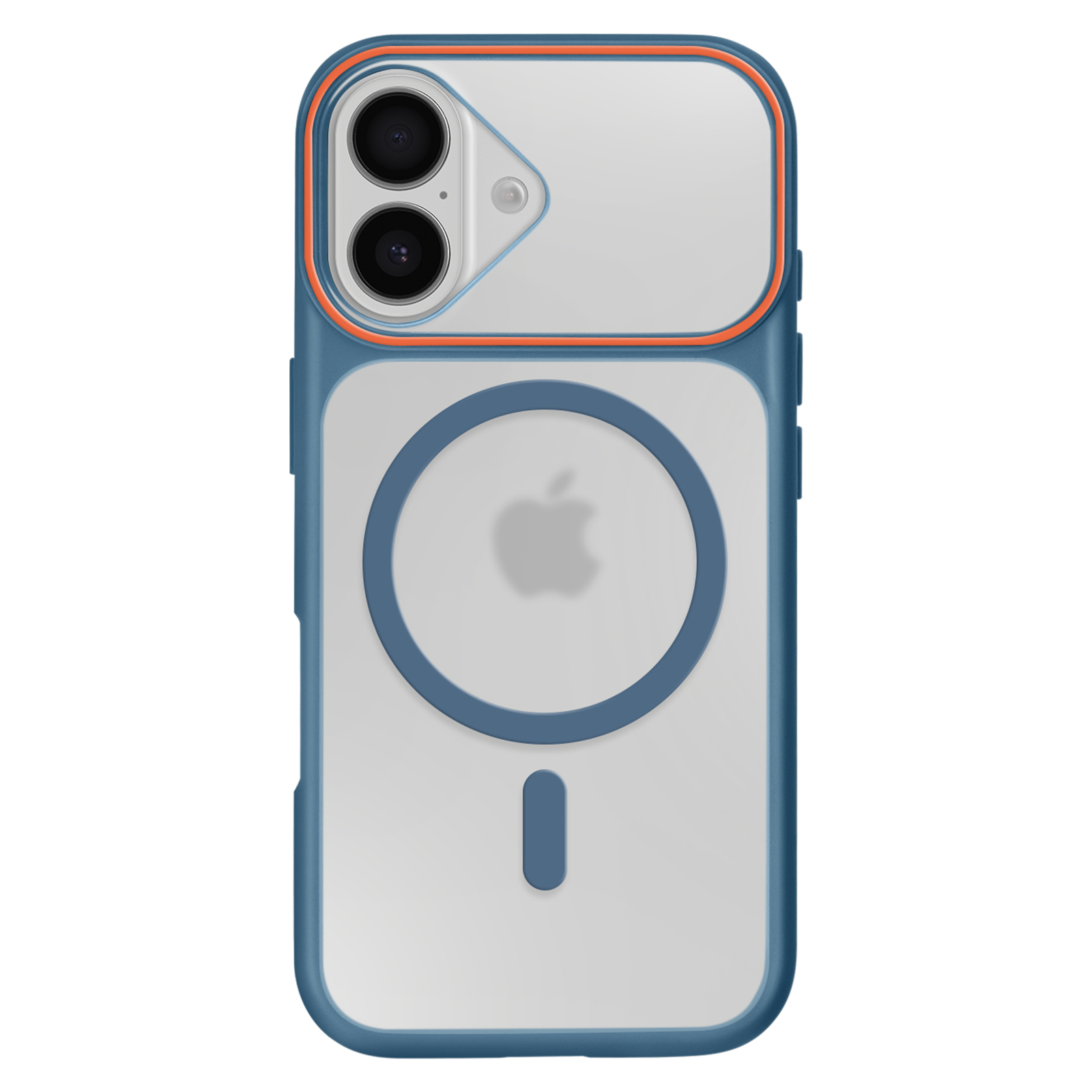 Custodia blu MagSafe per iPhone, con ritaglio fotocamera e logo Apple.
