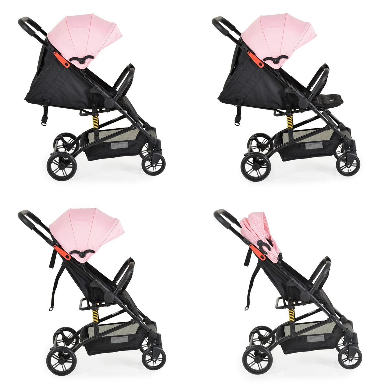 Ein schwarzer Kinderwagen mit rosa Verdeck und Einkaufskorb.
