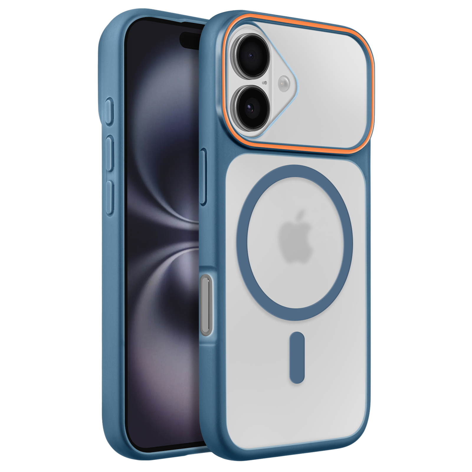 Un iPhone blu con custodia MagSafe, mostrato su sfondo bianco.