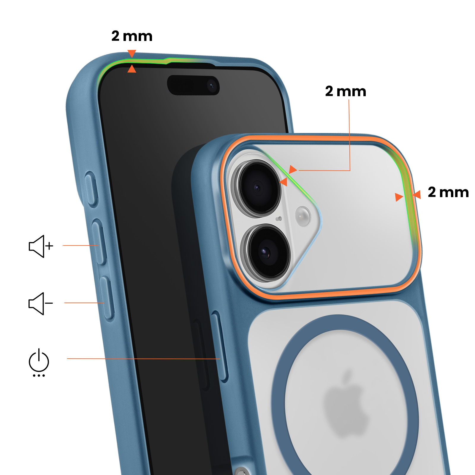 Una cover blu per telefono con bordo arancione, offre 2 mm di protezione.