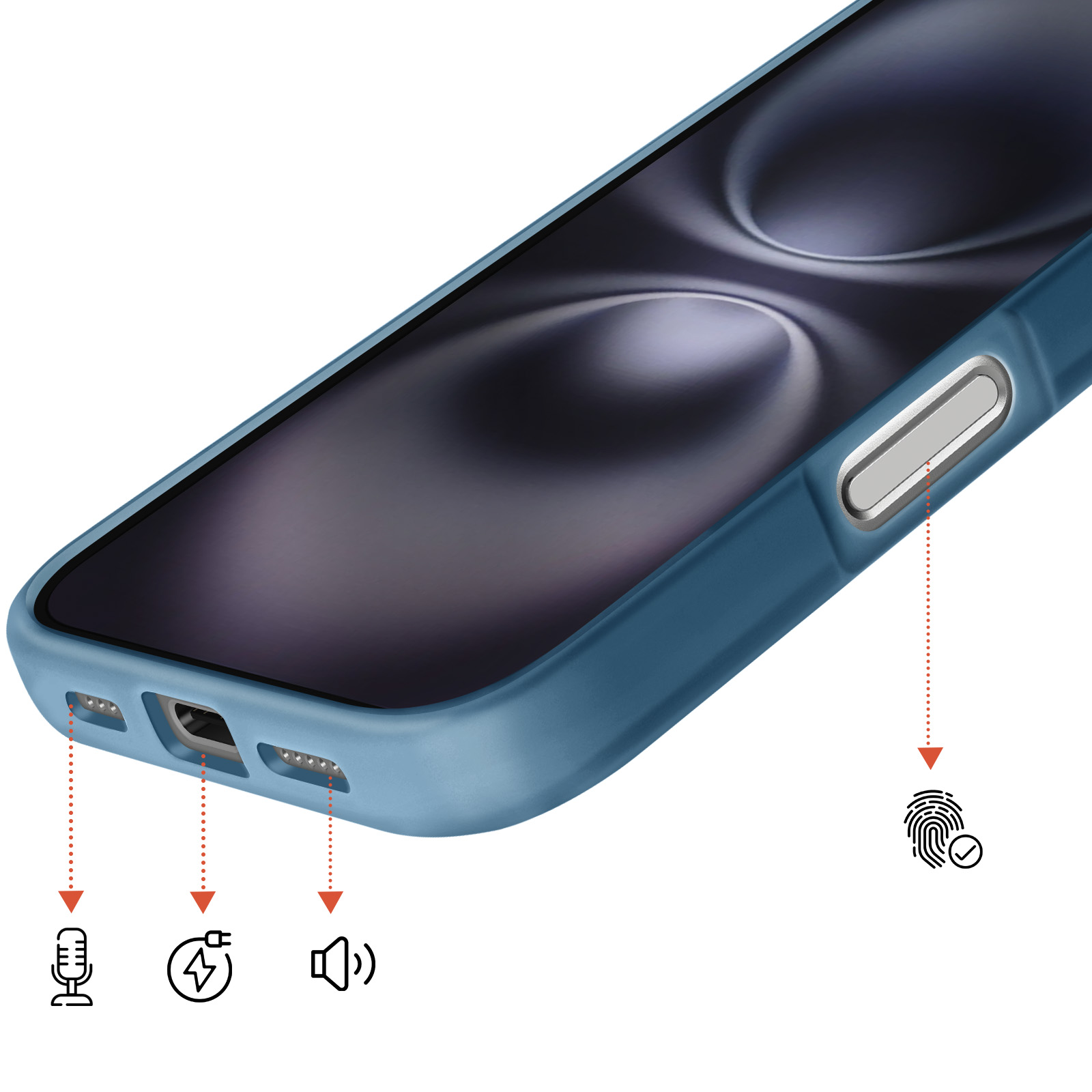 Una custodia blu per telefono mostra icone per microfono, ricarica e altoparlante.