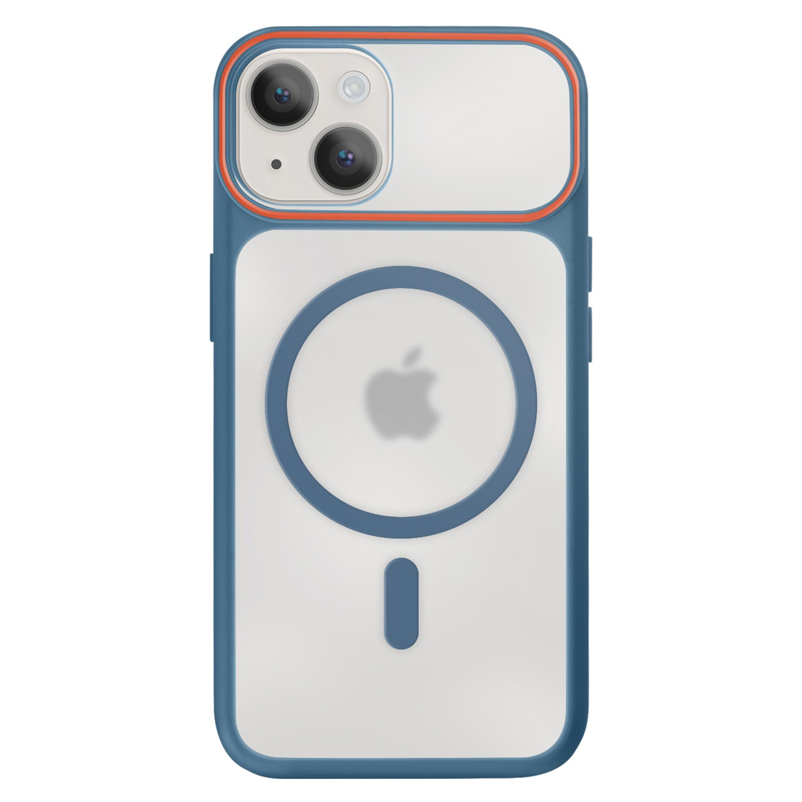 Custodia blu per iPhone con retro trasparente e anello MagSafe.