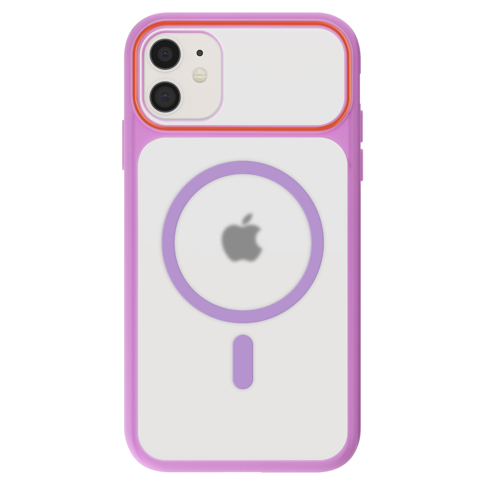 Custodia viola trasparente per iPhone, con doppia fotocamera e logo Apple.