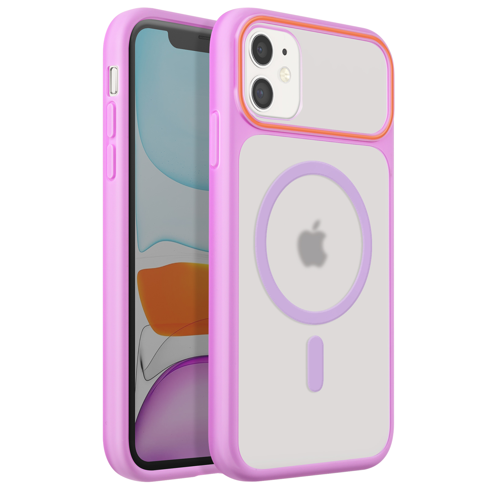Custodia rosa per iPhone con retro trasparente e anello MagSafe. Sfondo bianco.