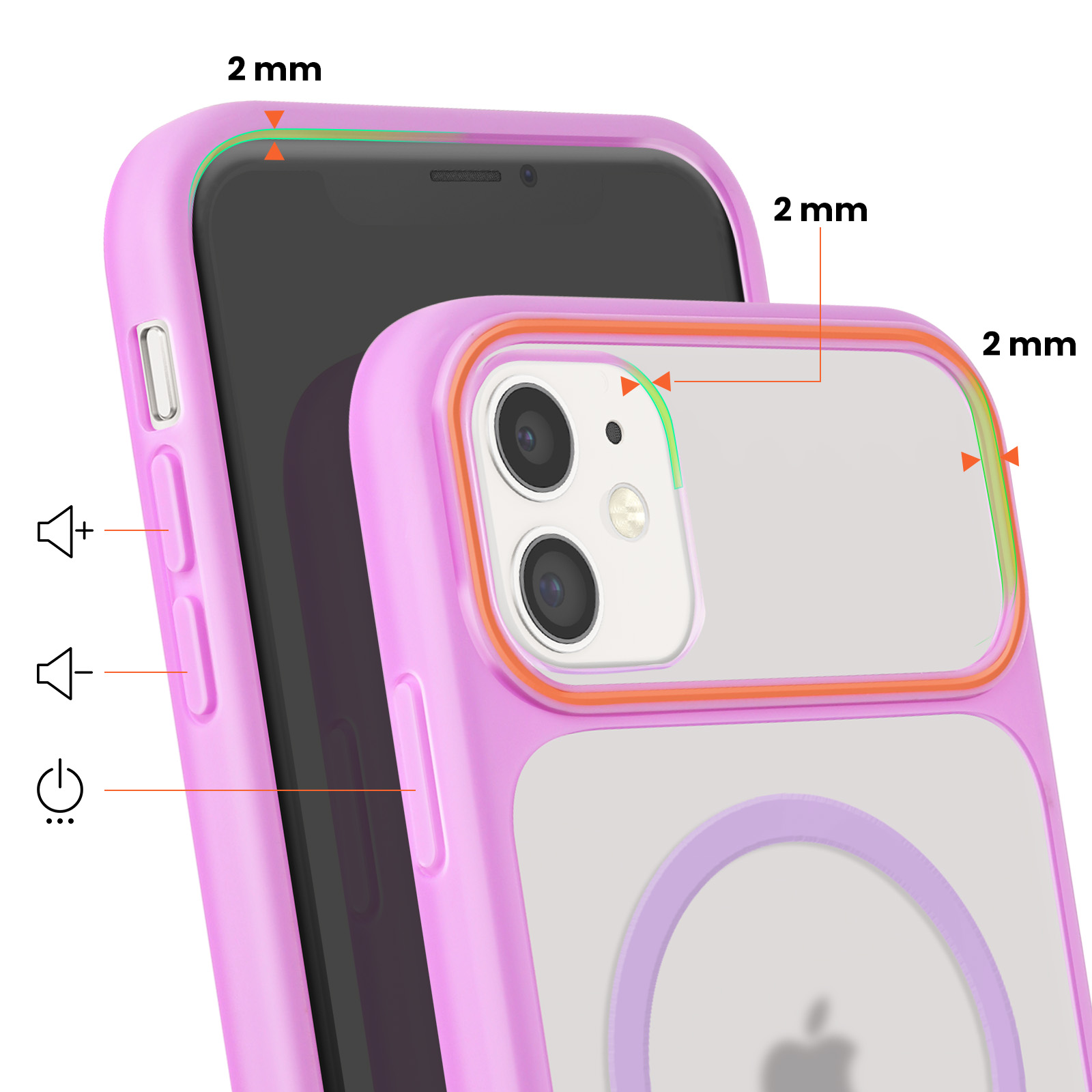 Custodia viola per iPhone con retro trasparente e accenti colorati.