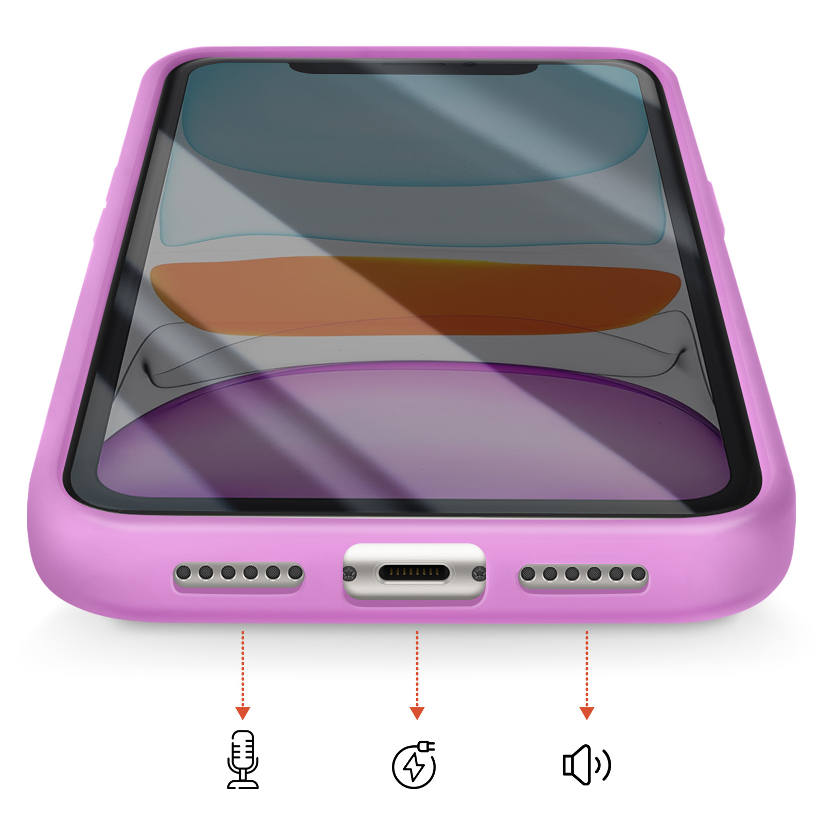 Una custodia viola per iPhone che mostra porta di ricarica e altoparlanti.
