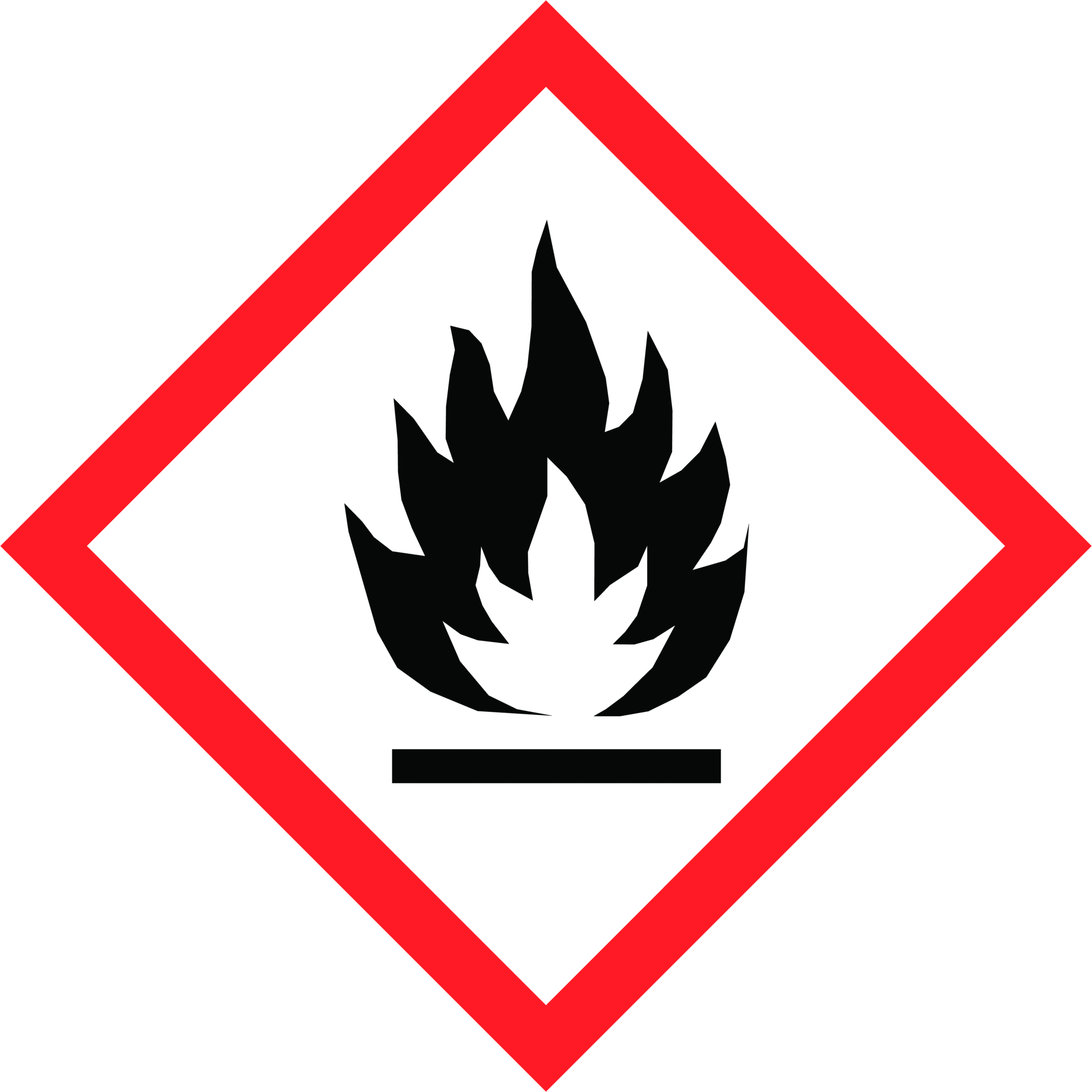 Flammensymbol auf weißem Hintergrund, umgeben von einem roten Quadrat.