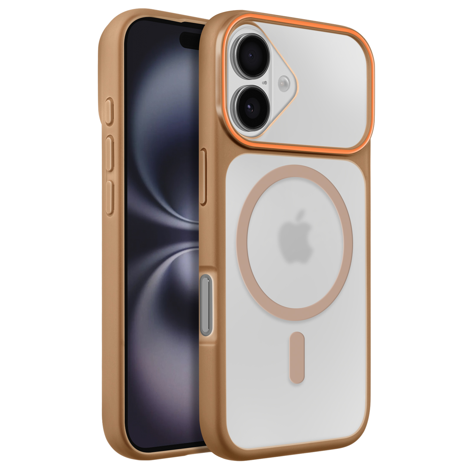 Un iPhone dorato con custodia trasparente, fotocamera e anello MagSafe.