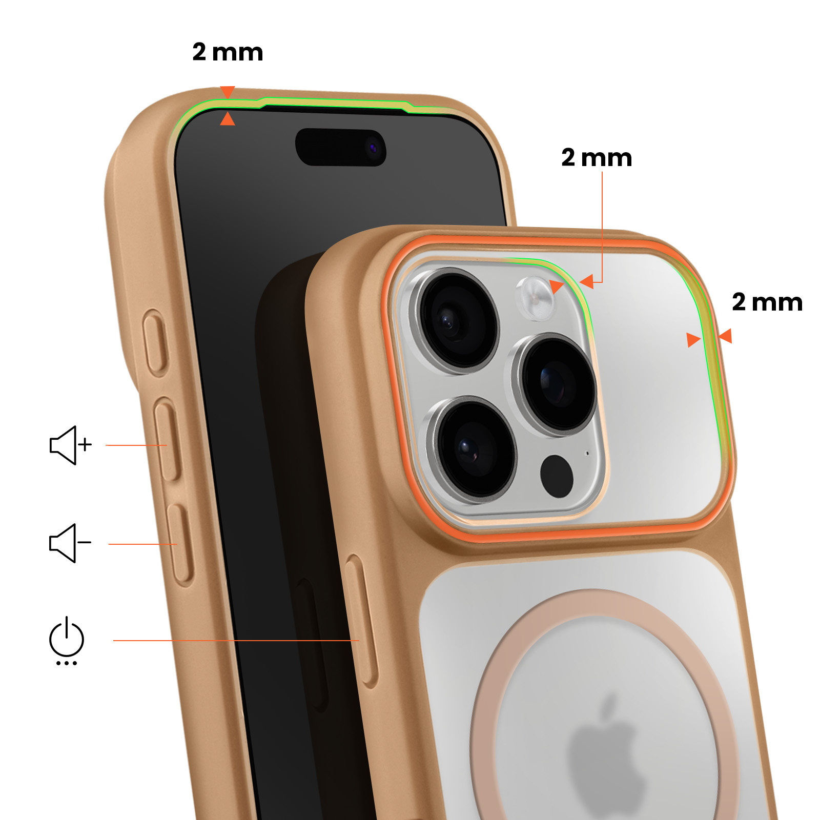 Een bruine iPhone hoes met 2 mm verhoogde randen rond scherm en camera.