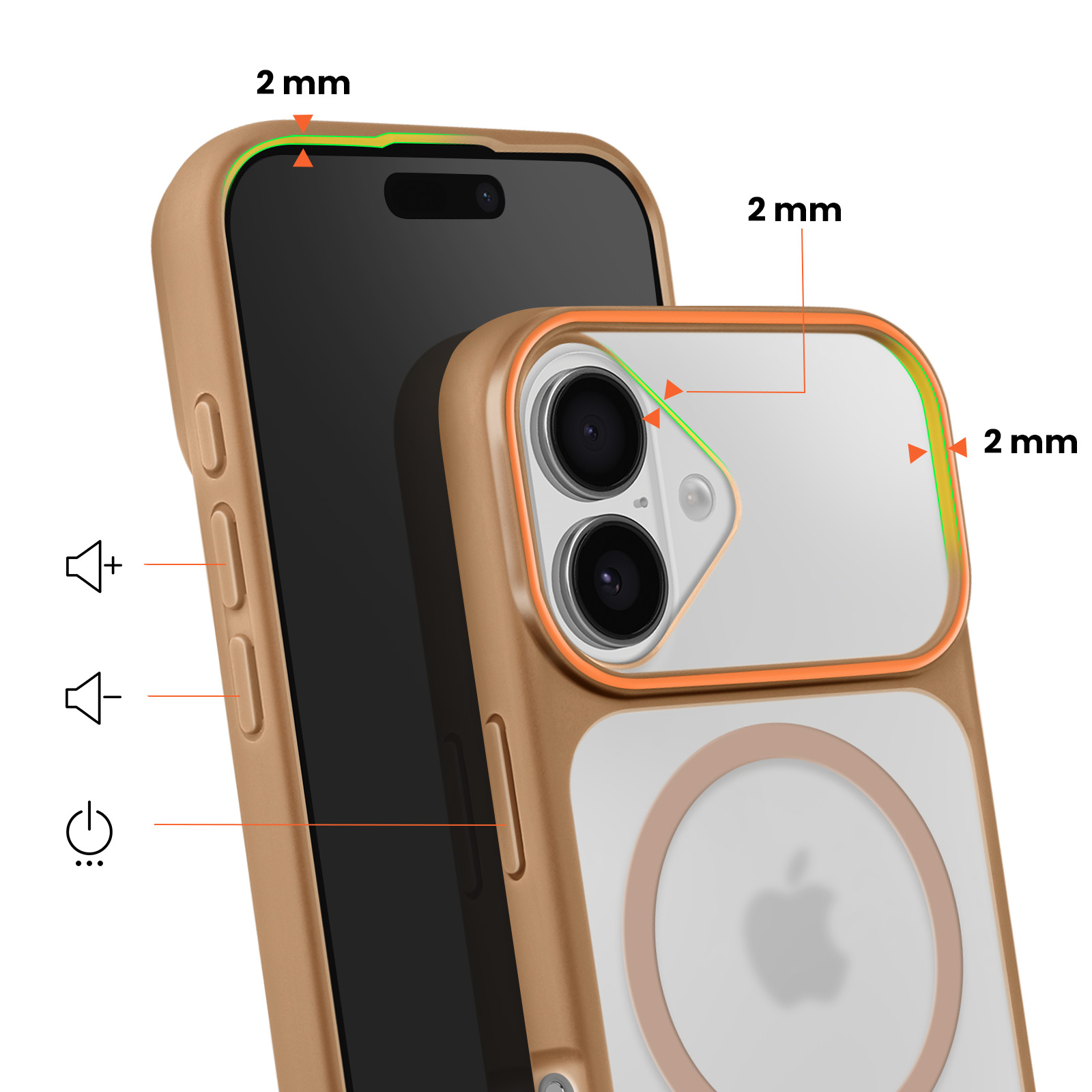 Custodia dorata per telefono con protezione fotocamera e bordi rialzati di 2mm. Pulsanti volume e accensione visibili.