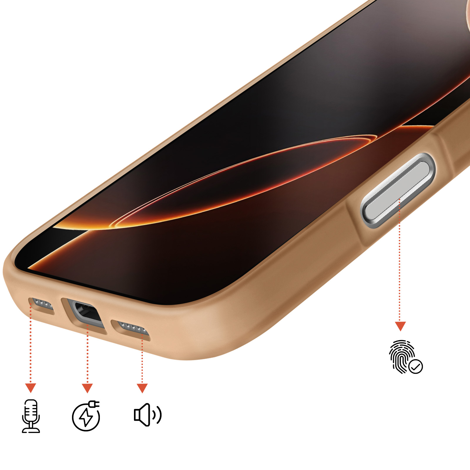 Een bruin smartphone met poorten, vingerafdruksensor en zijknop.