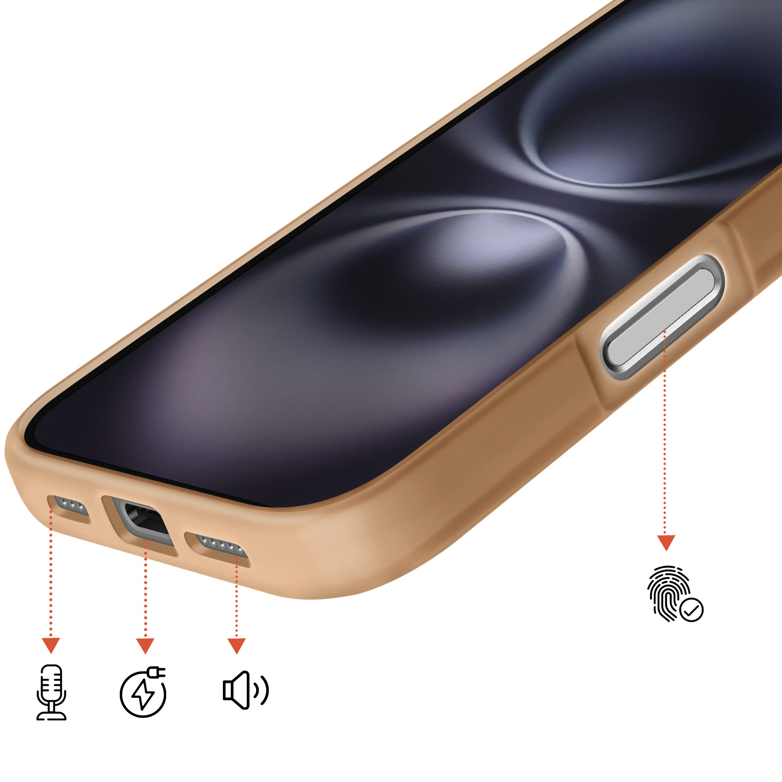 Un telefono dorato che mostra porte di ricarica, microfono e altoparlante.